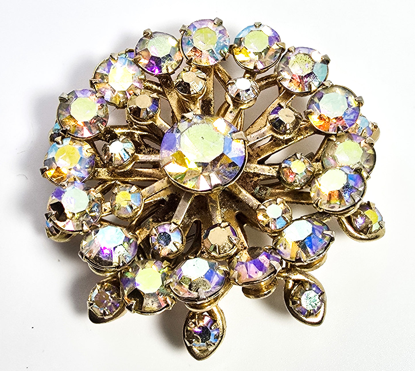 Golden Rainbow Aurora Borealis stacked mid century vintage rhinestone scatter brooch