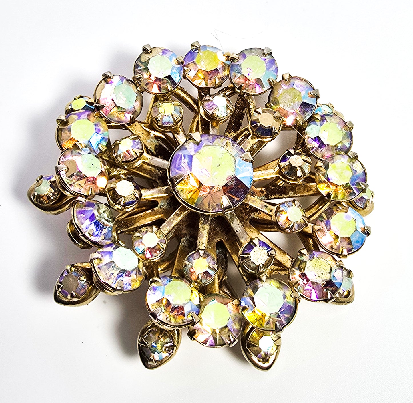 Golden Rainbow Aurora Borealis stacked mid century vintage rhinestone scatter brooch