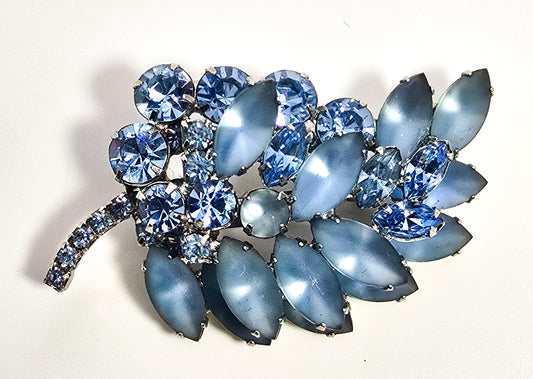 Frosted light blue leaf vintage rhinestone mid century spray brooch