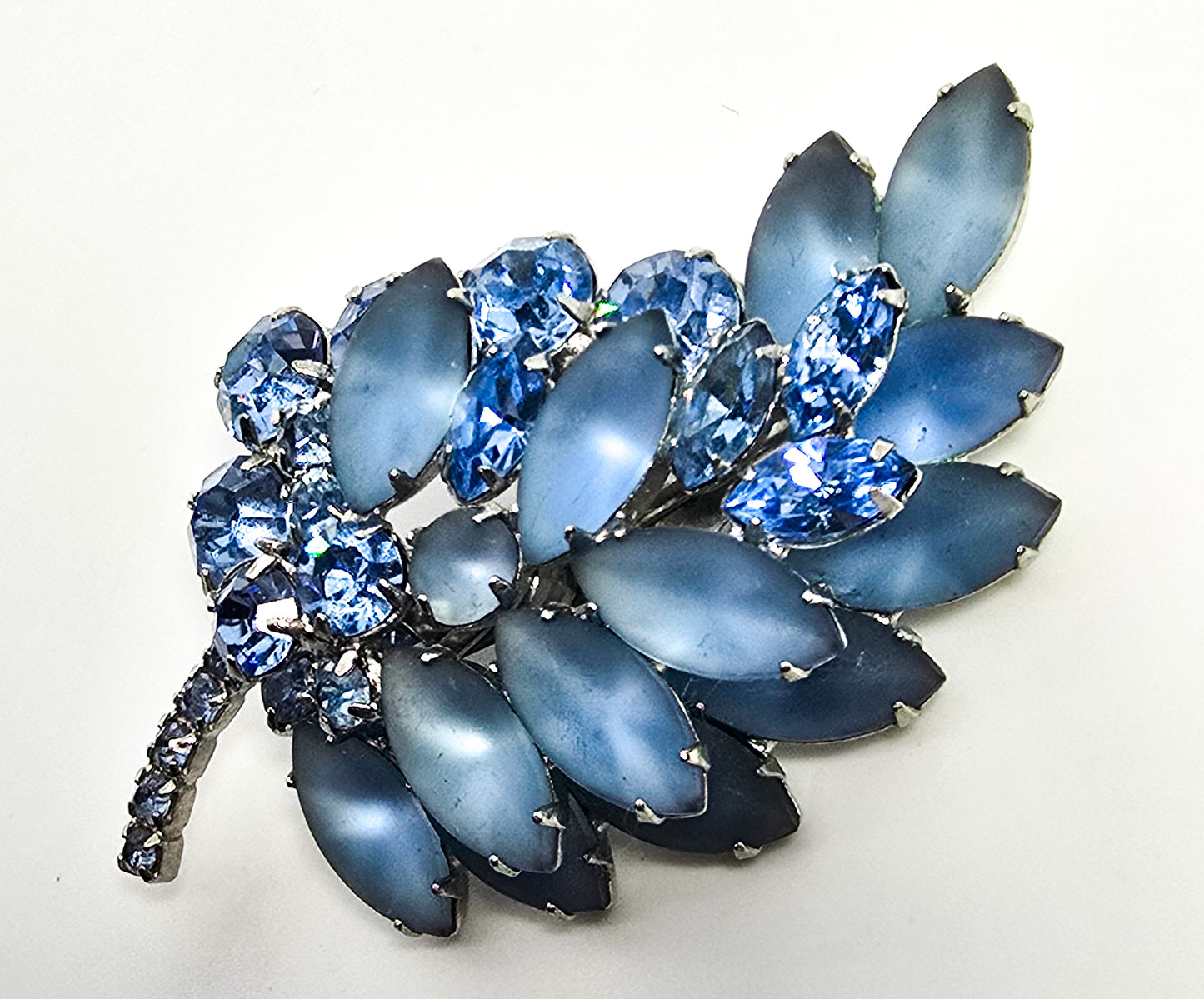 Frosted light blue leaf vintage rhinestone mid century spray brooch