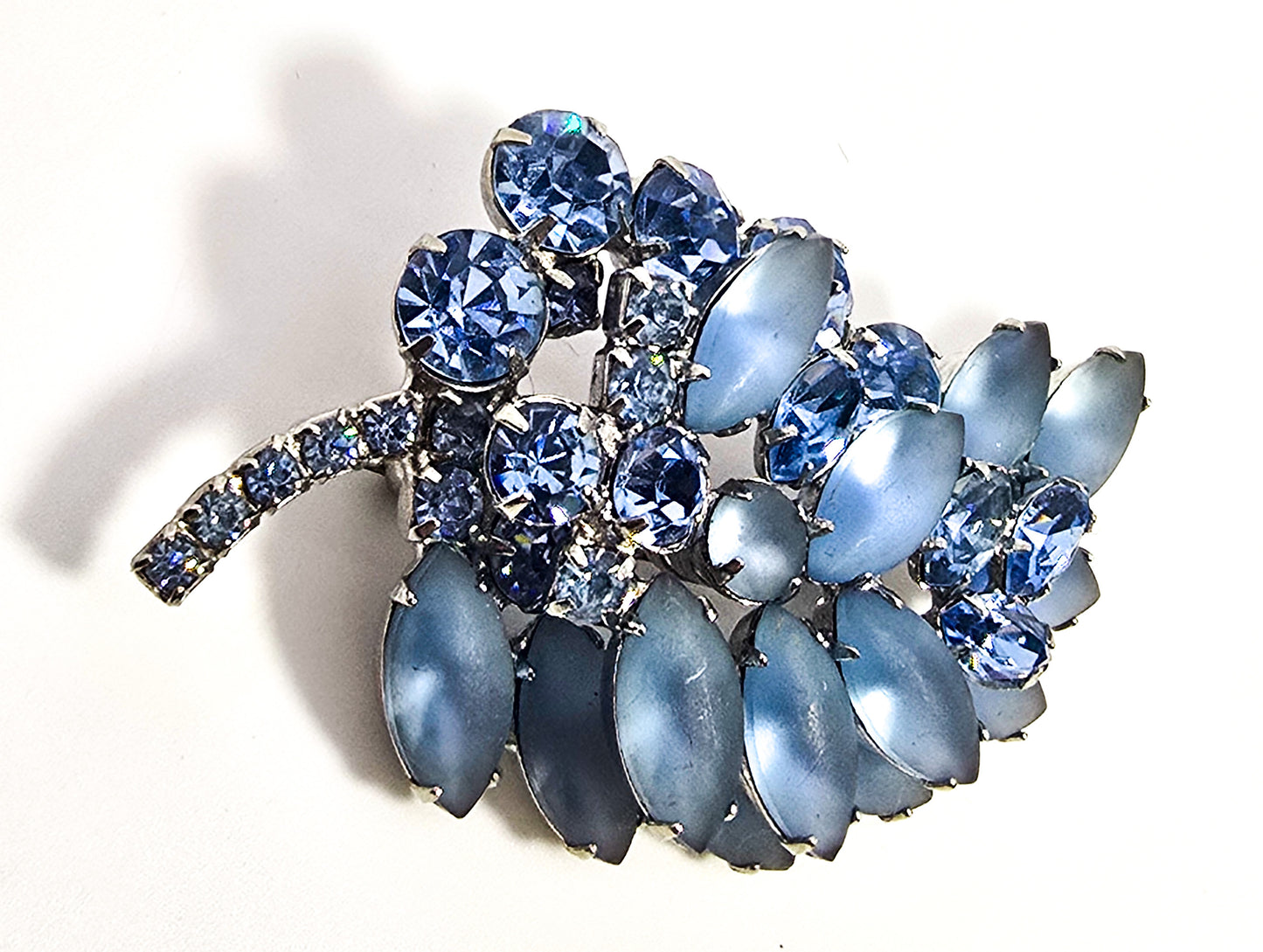 Frosted light blue leaf vintage rhinestone mid century spray brooch