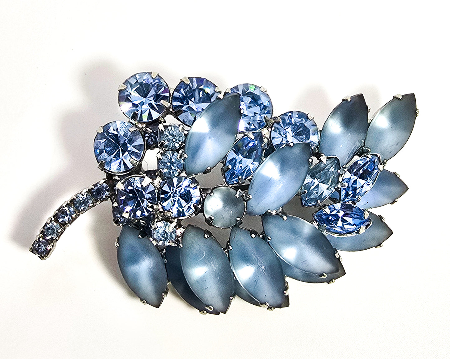 Frosted light blue leaf vintage rhinestone mid century spray brooch