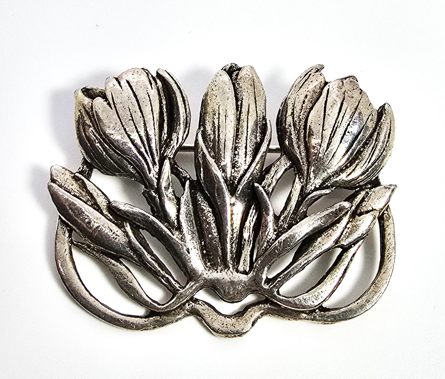 MASJ Silver Scenes silver plated pewter flowers tulip signed brooch 1995