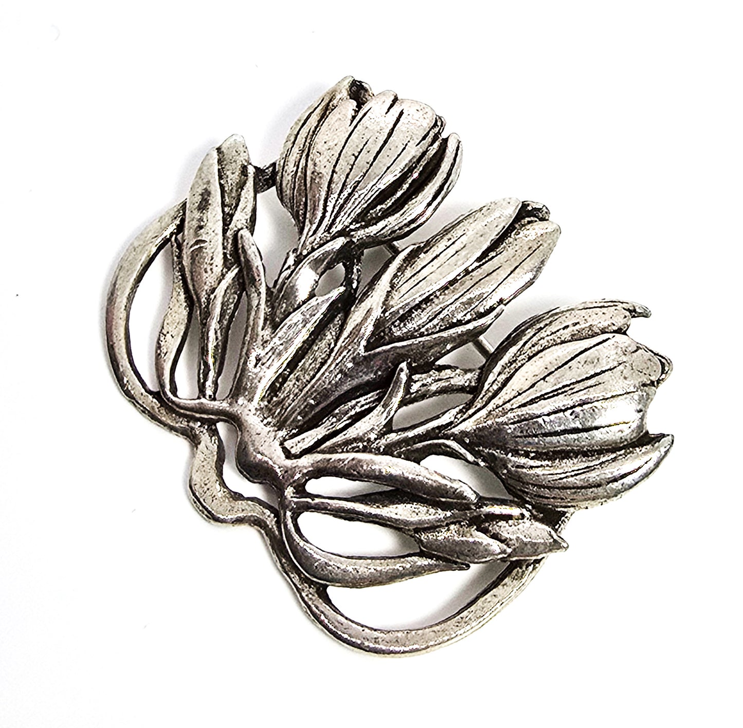 MASJ Silver Scenes silver plated pewter flowers tulip signed brooch 1995