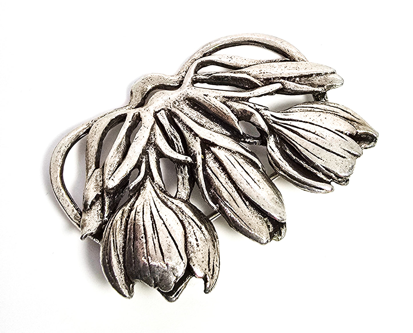 MASJ Silver Scenes silver plated pewter flowers tulip signed brooch 1995