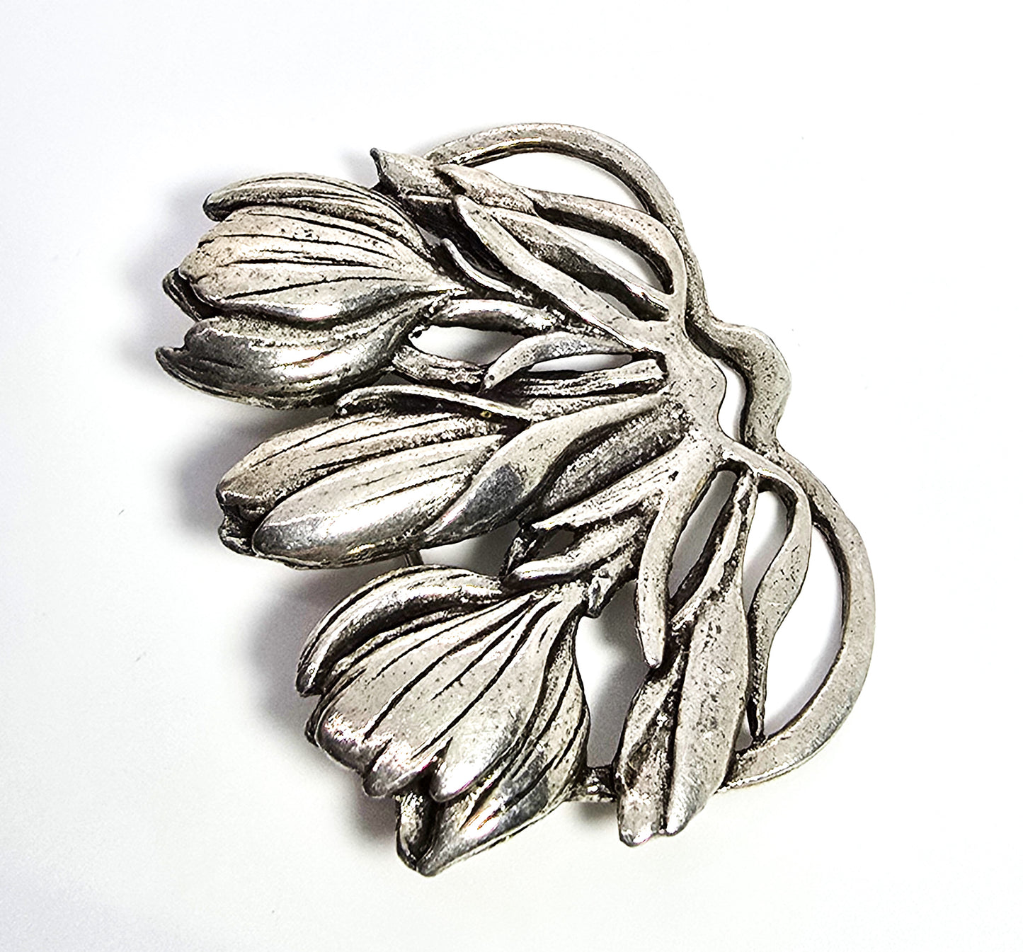 MASJ Silver Scenes silver plated pewter flowers tulip signed brooch 1995