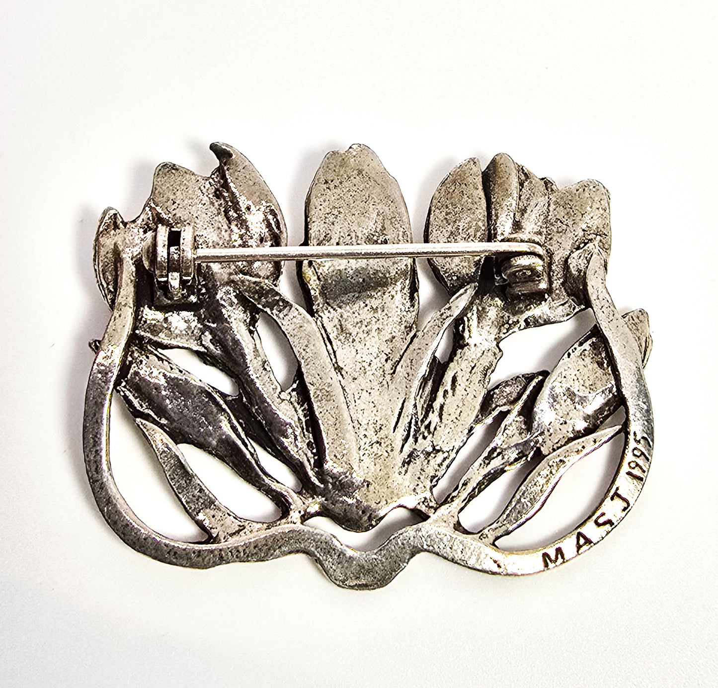 MASJ Silver Scenes silver plated pewter flowers tulip signed brooch 1995