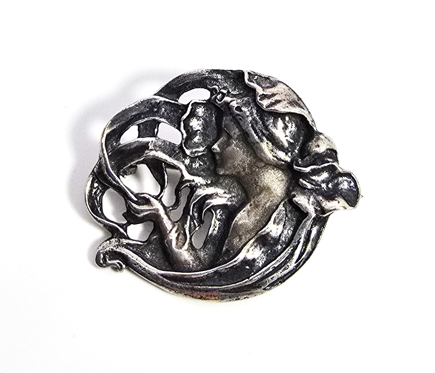 Art Nouveau style flowing nymph vintage sterling silver pendant brooch