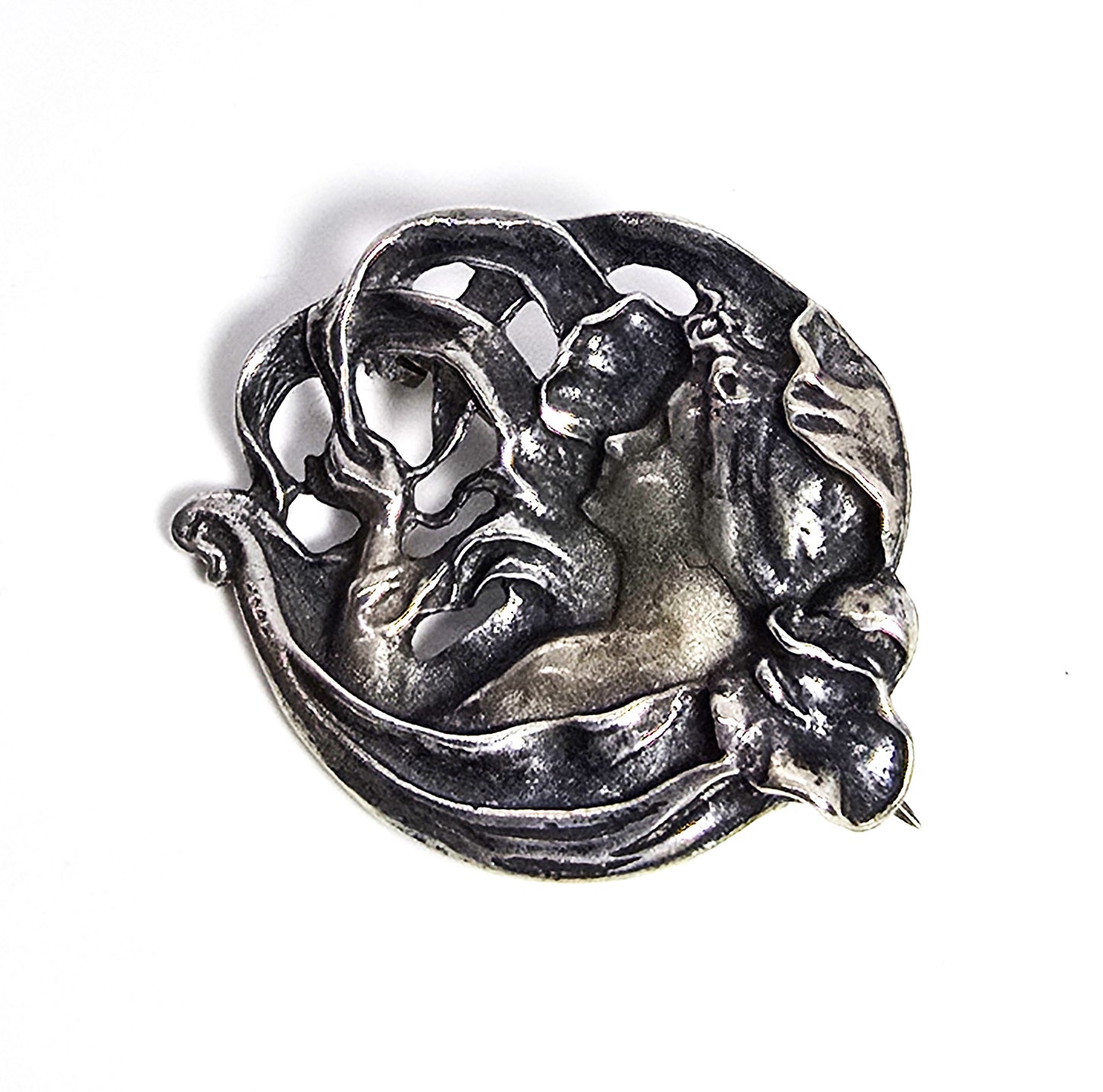 Art Nouveau style flowing nymph vintage sterling silver pendant brooch