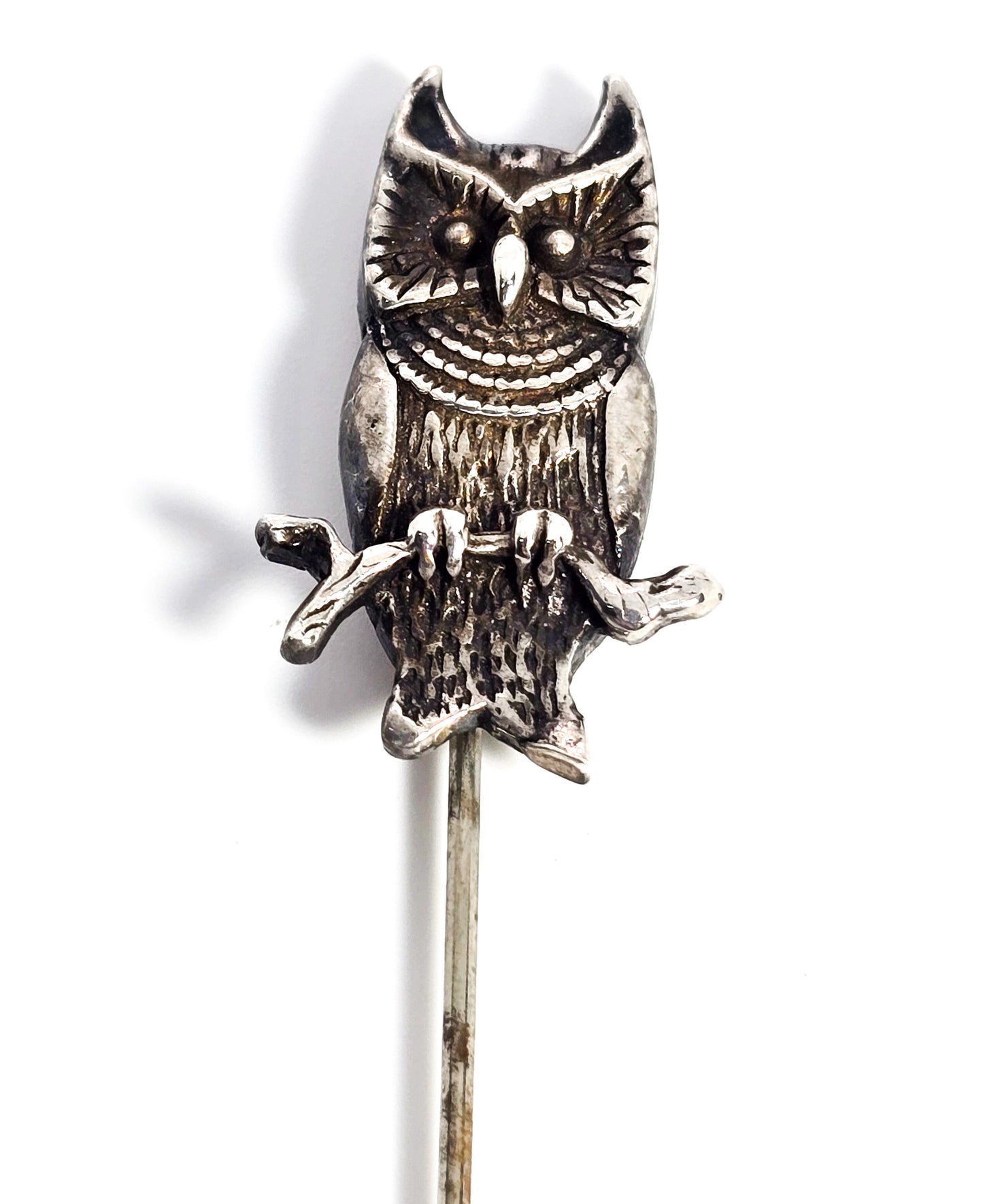 Great horned Owl on branch sitting bird vintage sterling silver Avian brooch