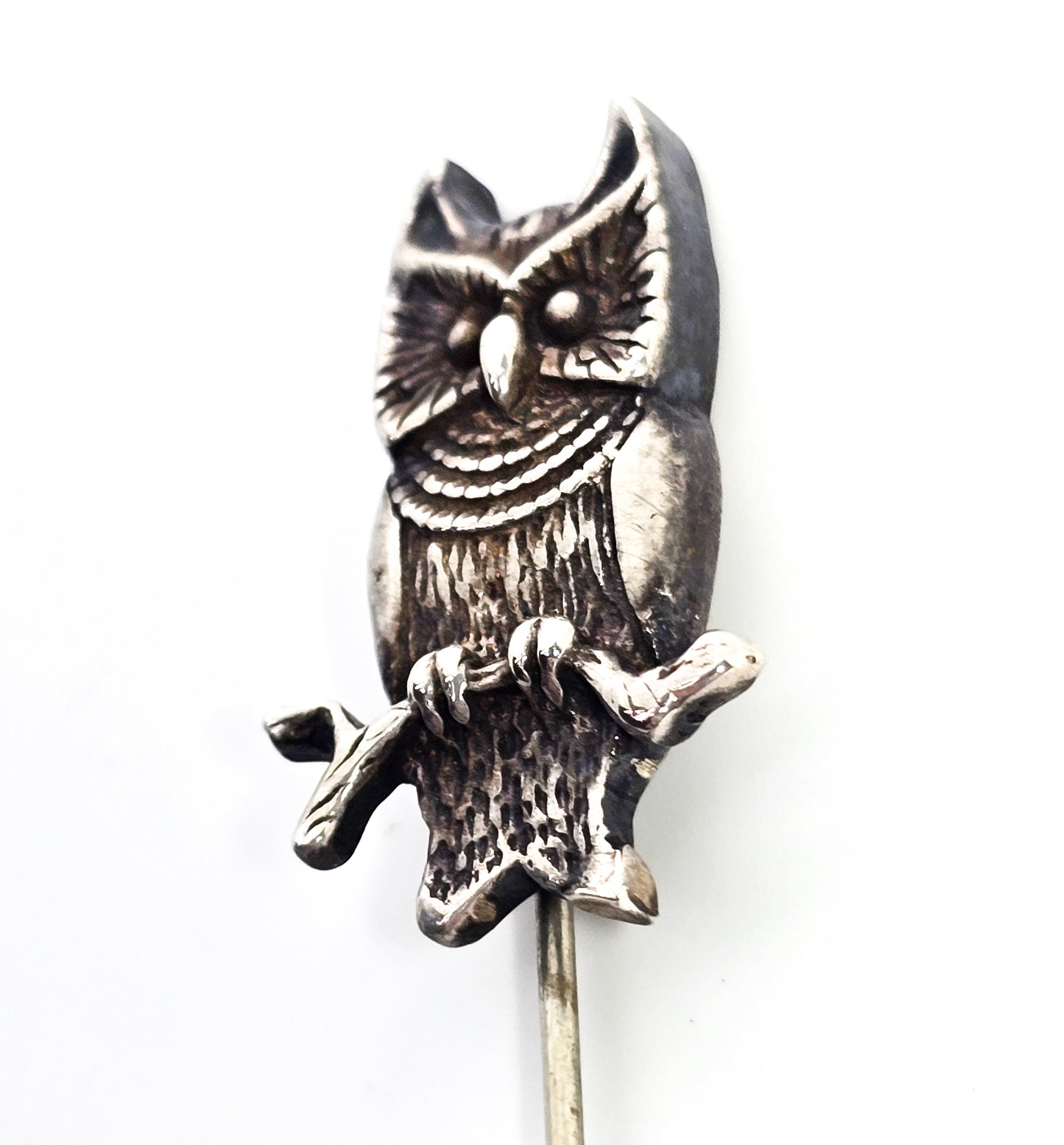 Great horned Owl on branch sitting bird vintage sterling silver Avian brooch