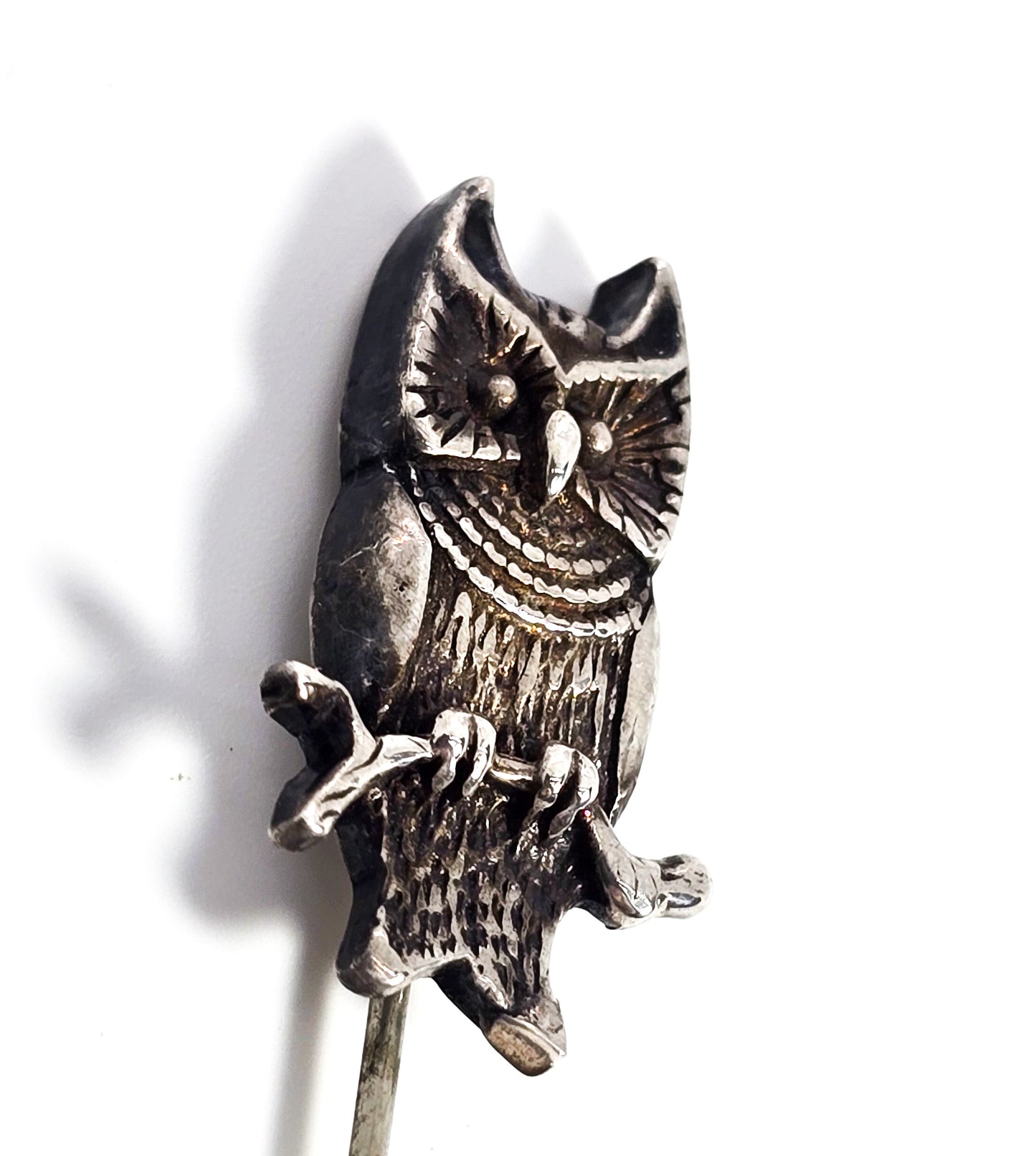 Great horned Owl on branch sitting bird vintage sterling silver Avian brooch