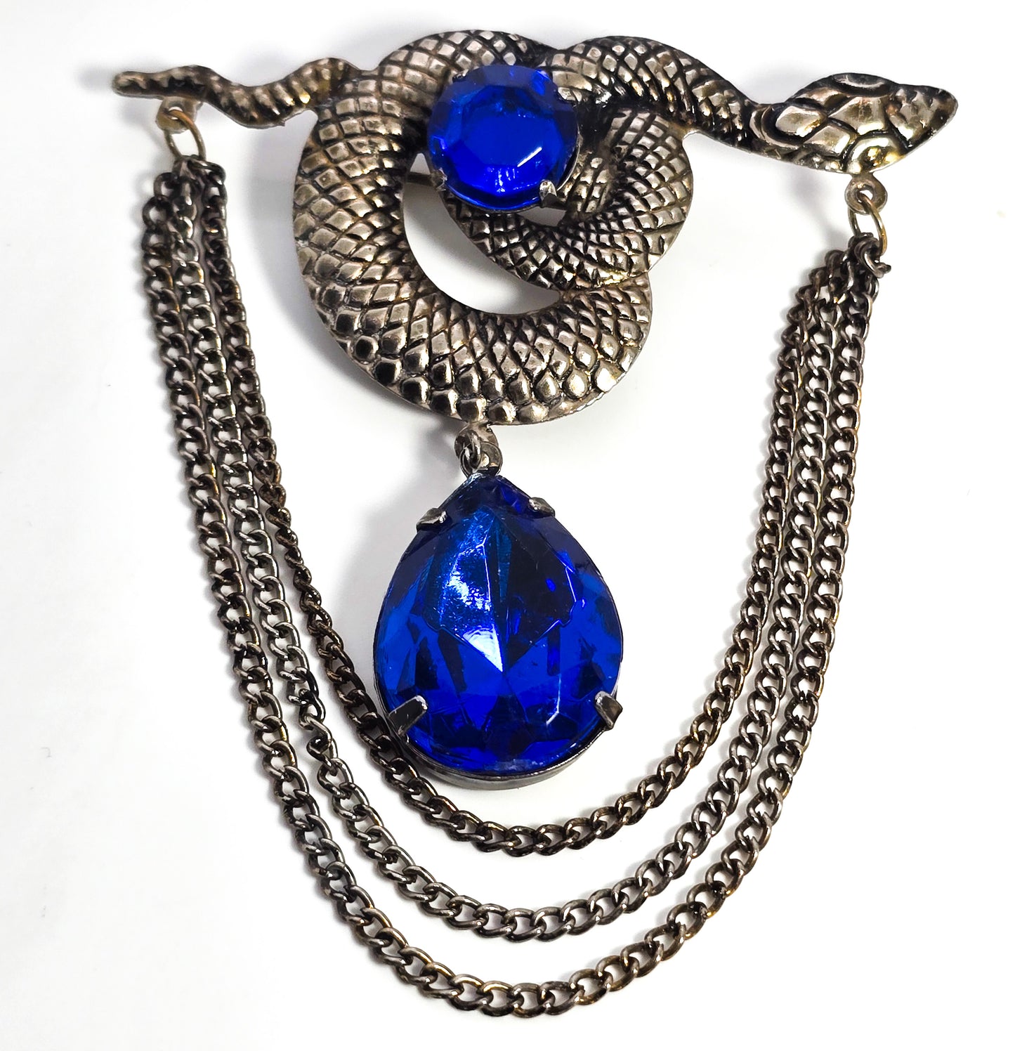 Snake blue rhinestone draping chains vintage serpent brooch