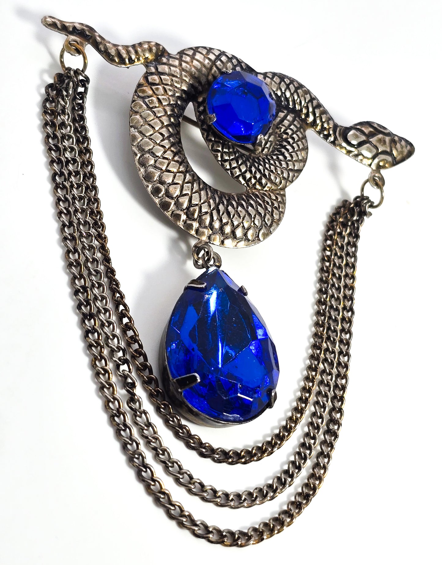 Snake blue rhinestone draping chains vintage serpent brooch