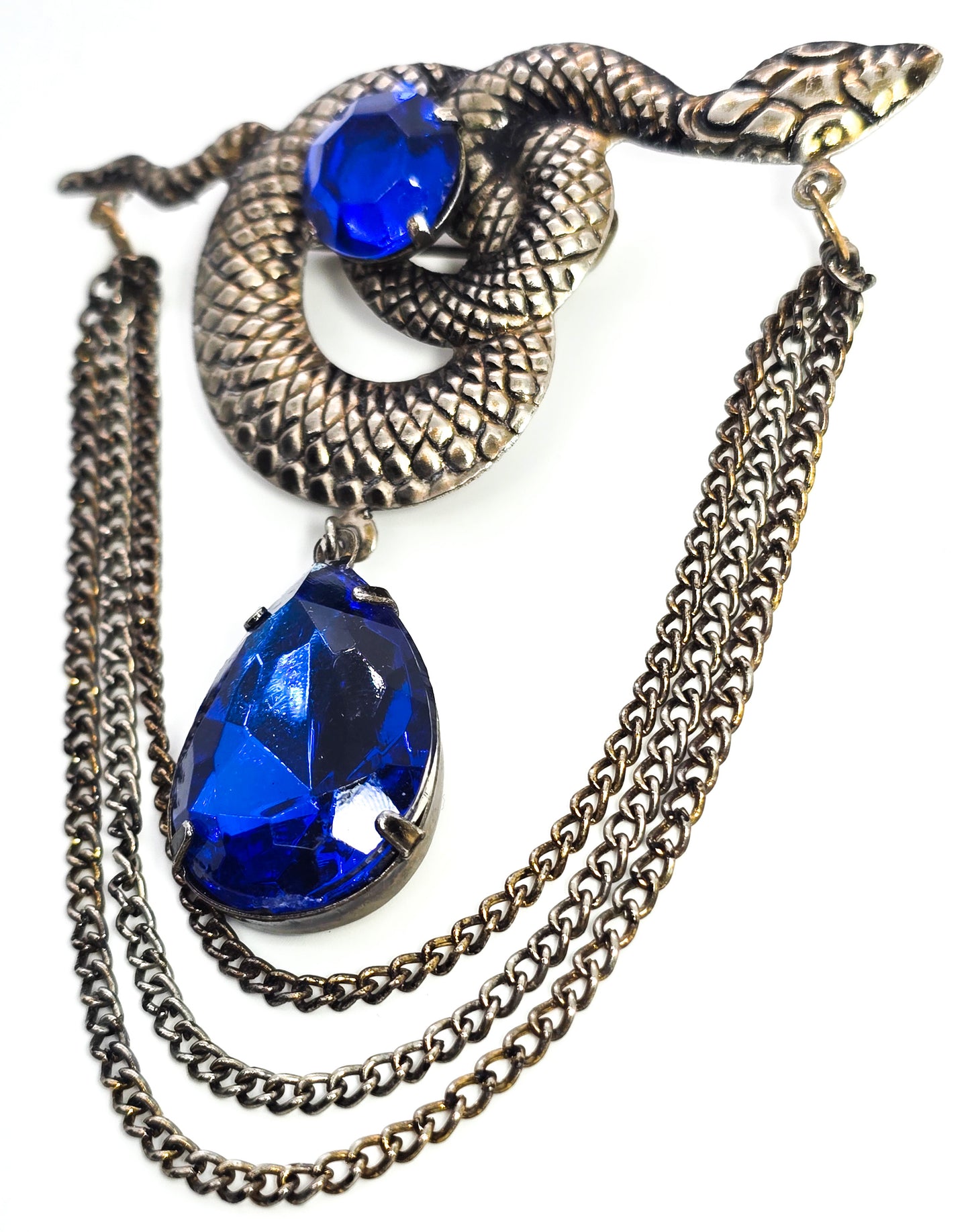 Snake blue rhinestone draping chains vintage serpent brooch