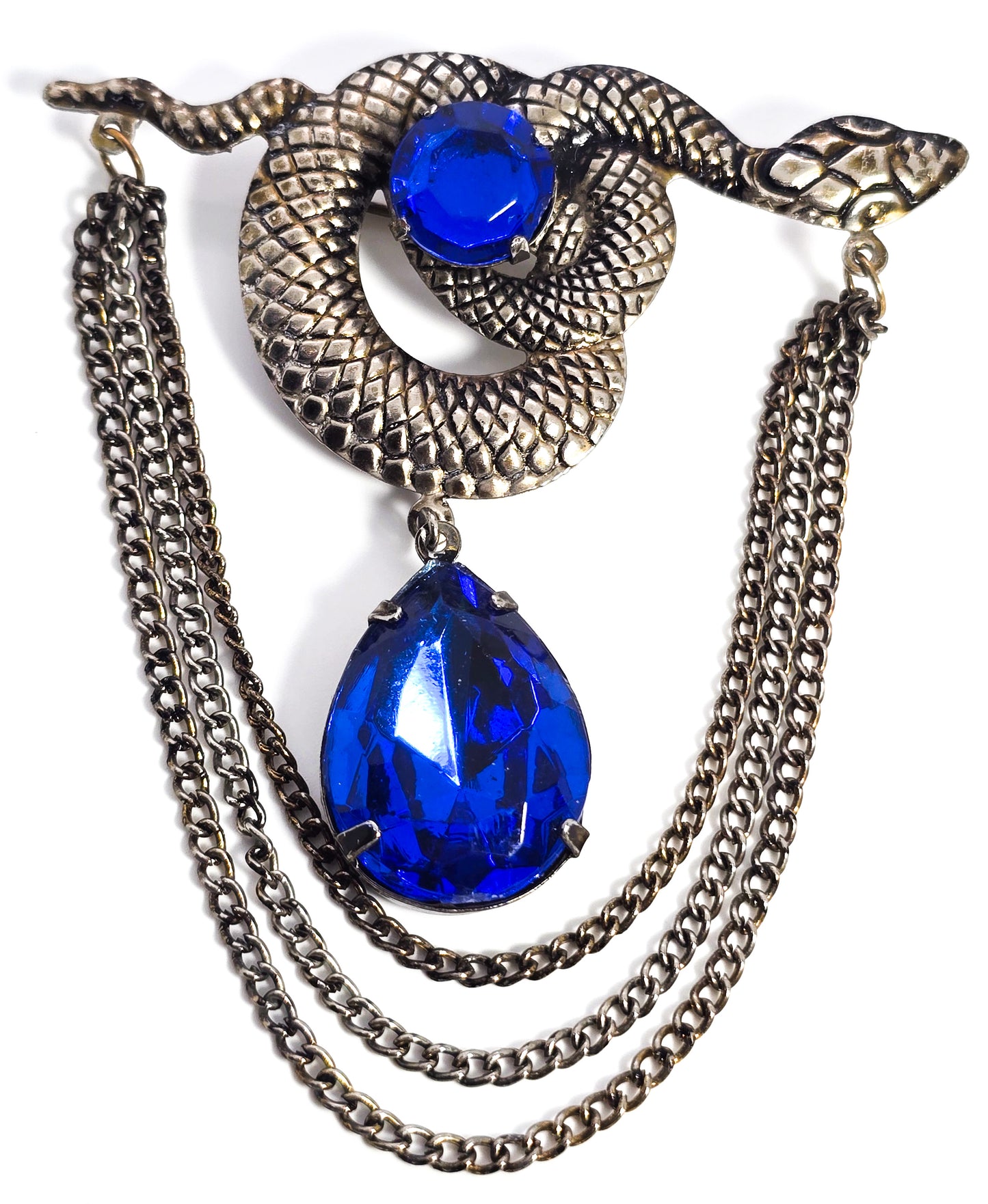 Snake blue rhinestone draping chains vintage serpent brooch