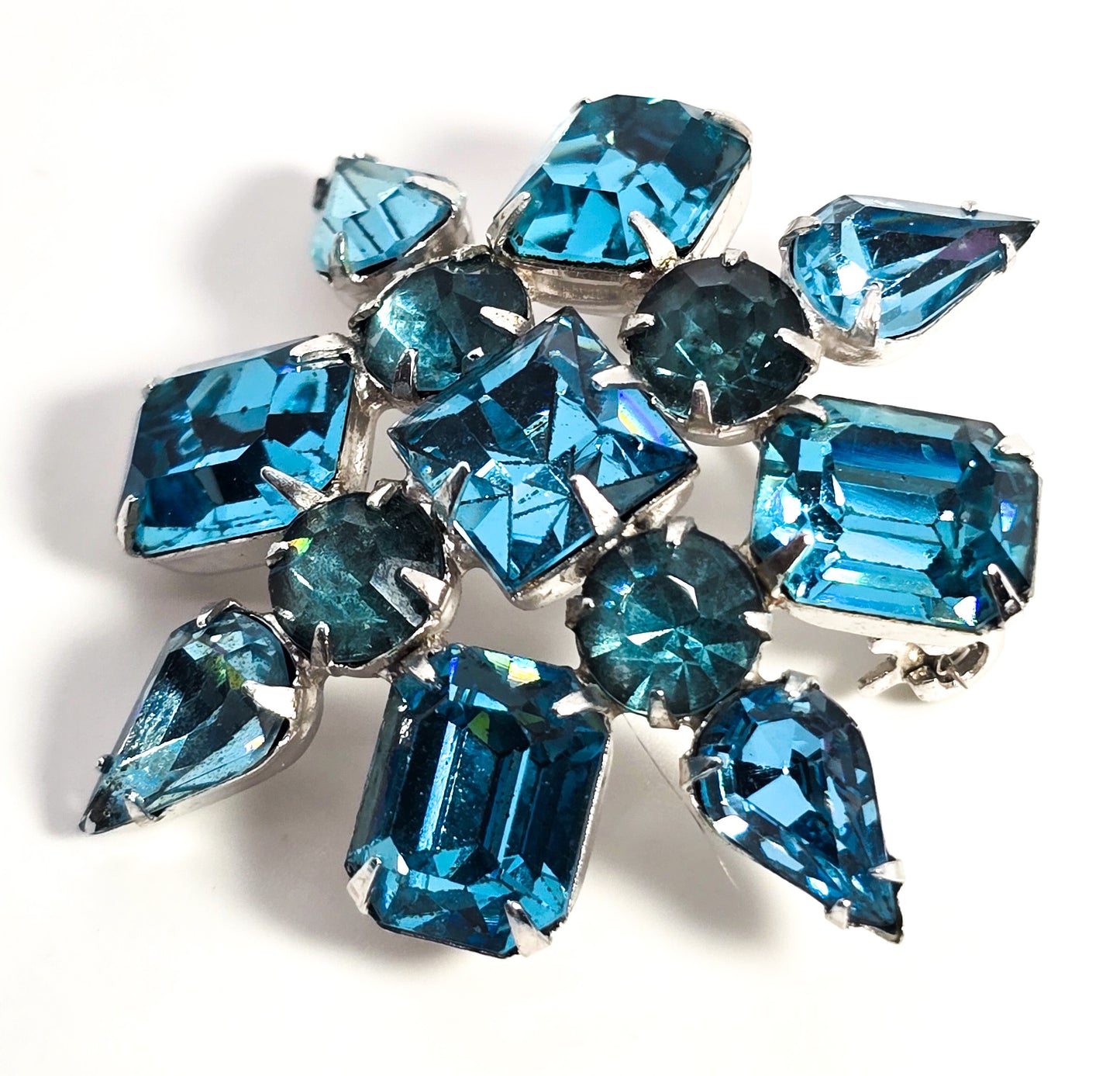 Aqua blue bright rhinestone vintage mid century scatter brooch