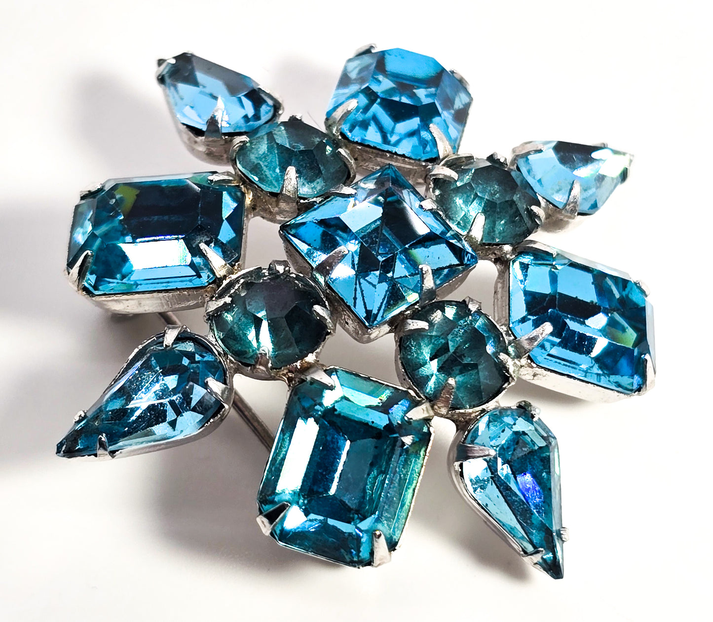 Aqua blue bright rhinestone vintage mid century scatter brooch