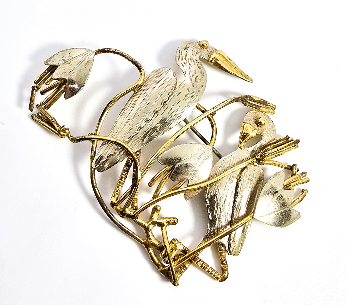 Birds in the marsh vintage mixed metals silver and gold plated figural brooch