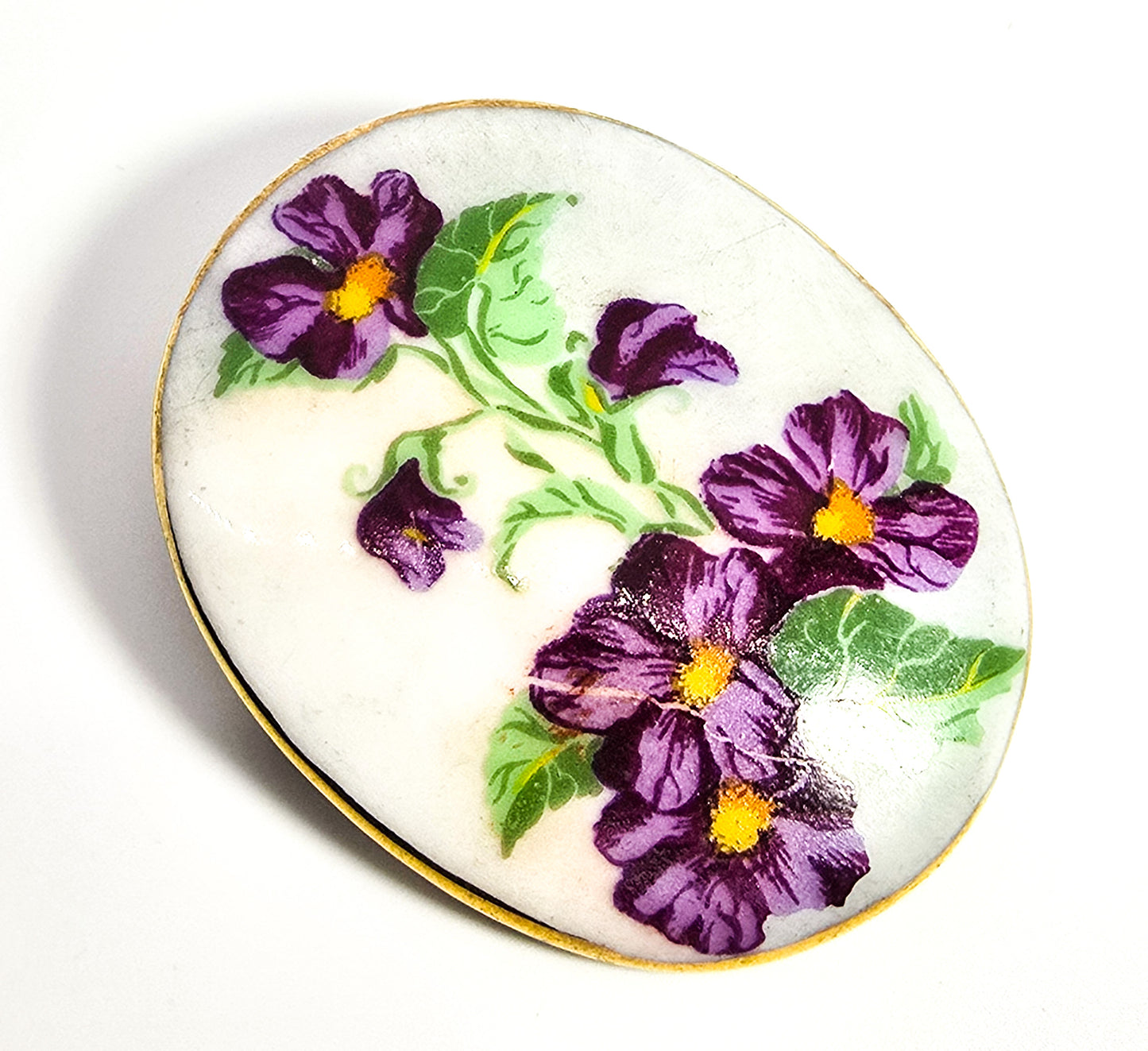 Purple violet Painted Porcelain gold rimmed signed vintage brooch