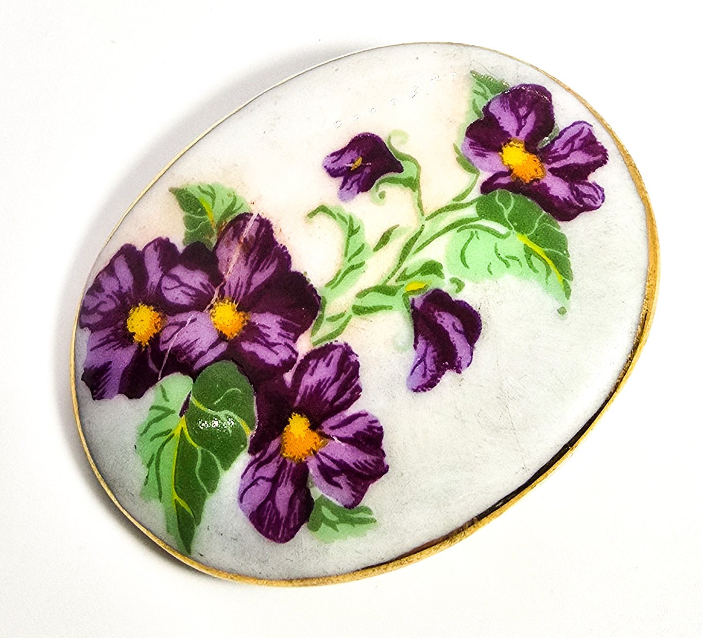 Purple violet Painted Porcelain gold rimmed signed vintage brooch