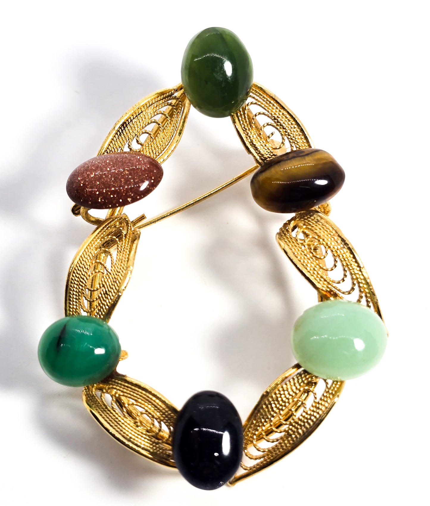 Gemstone and glass retro gold leaf statement brooch