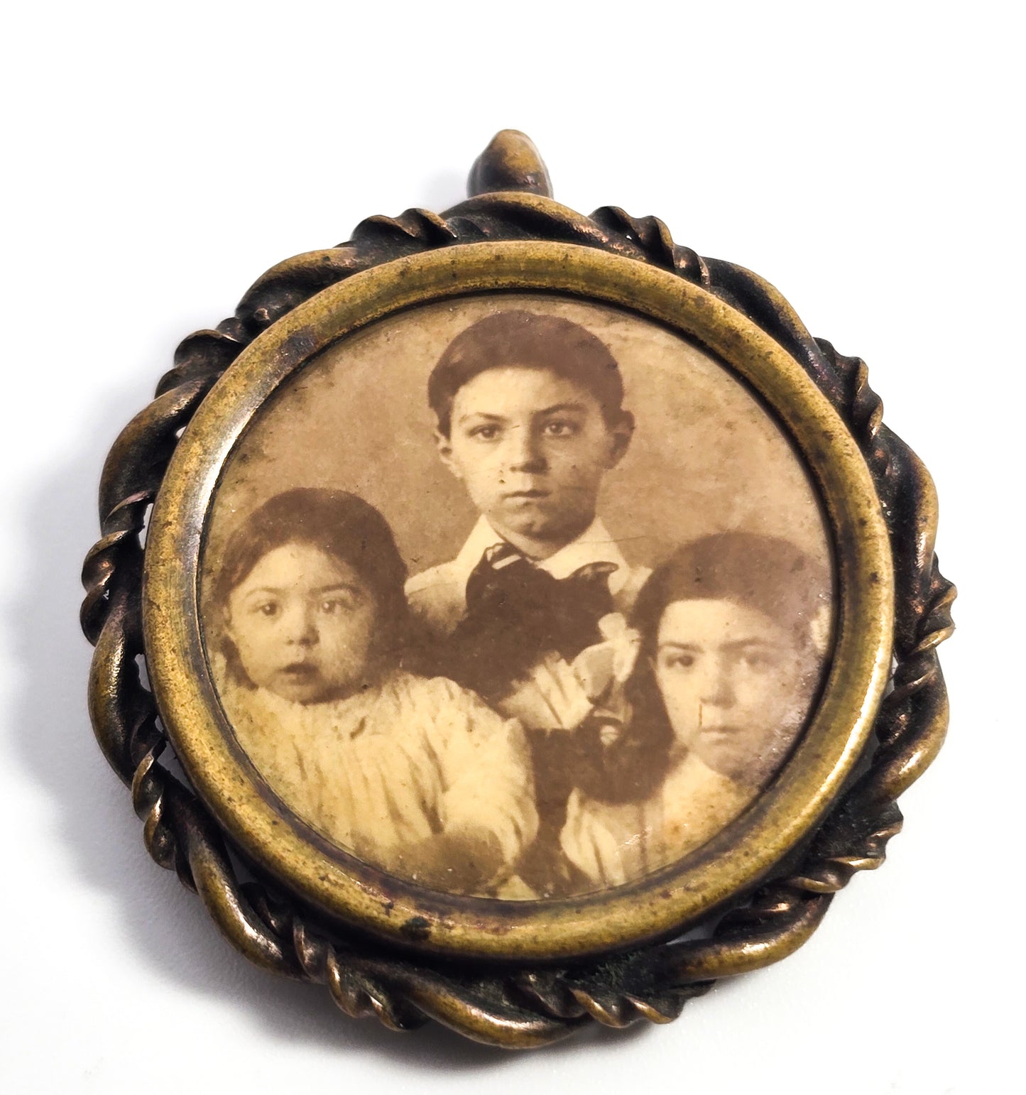 Victorian Tin Type Family Three children antique photo pin brooch