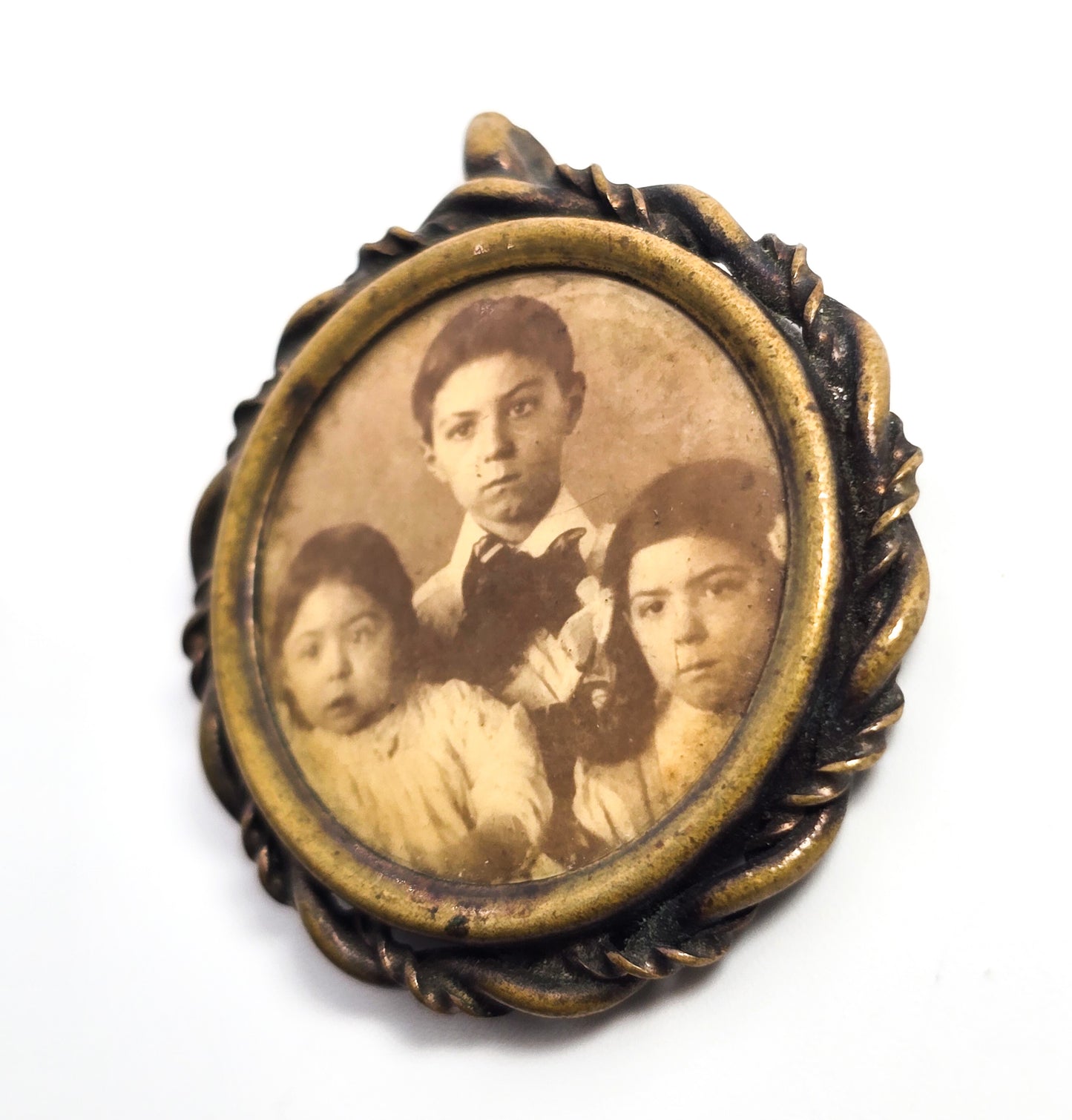 Victorian Tin Type Family Three children antique photo pin brooch