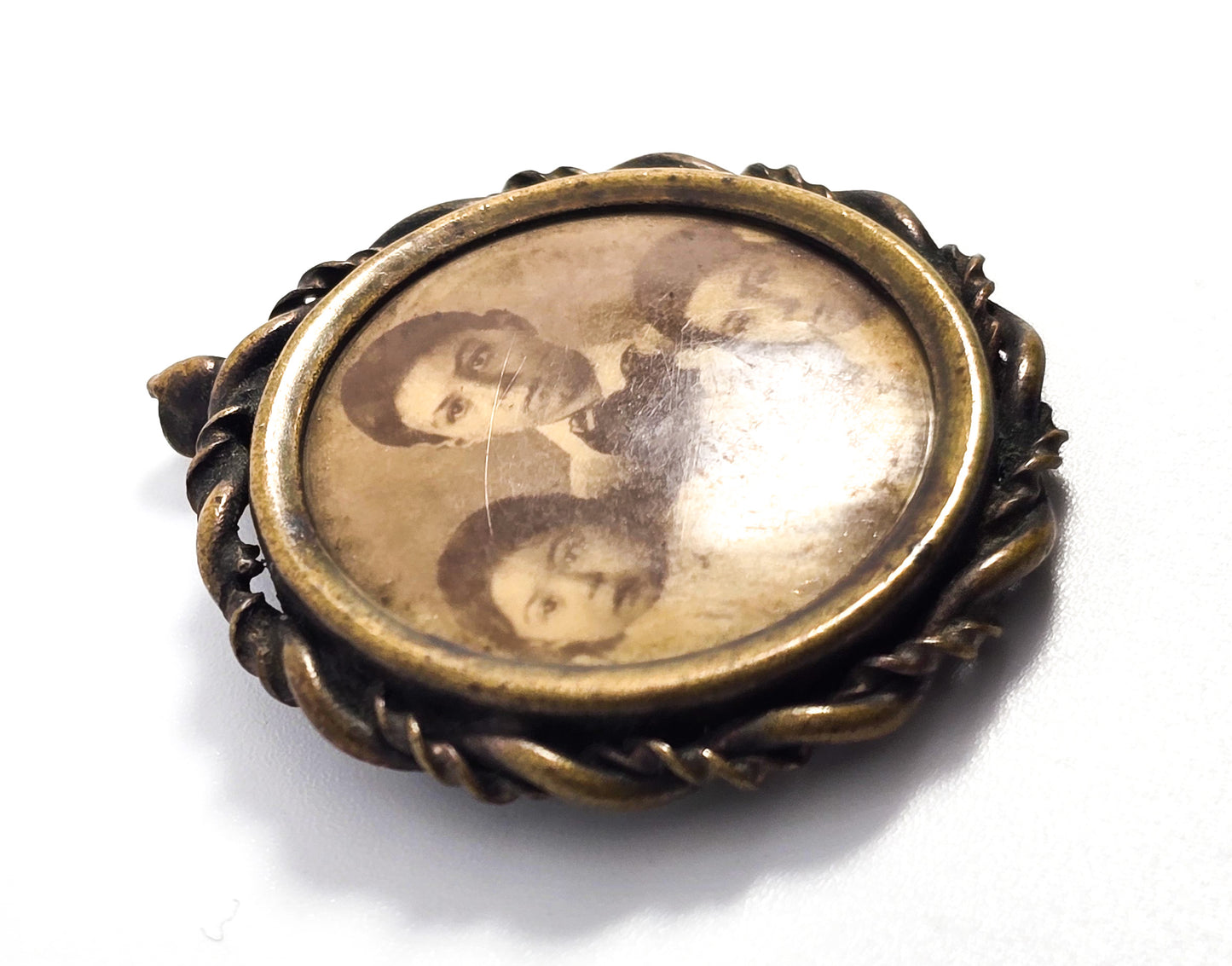 Victorian Tin Type Family Three children antique photo pin brooch