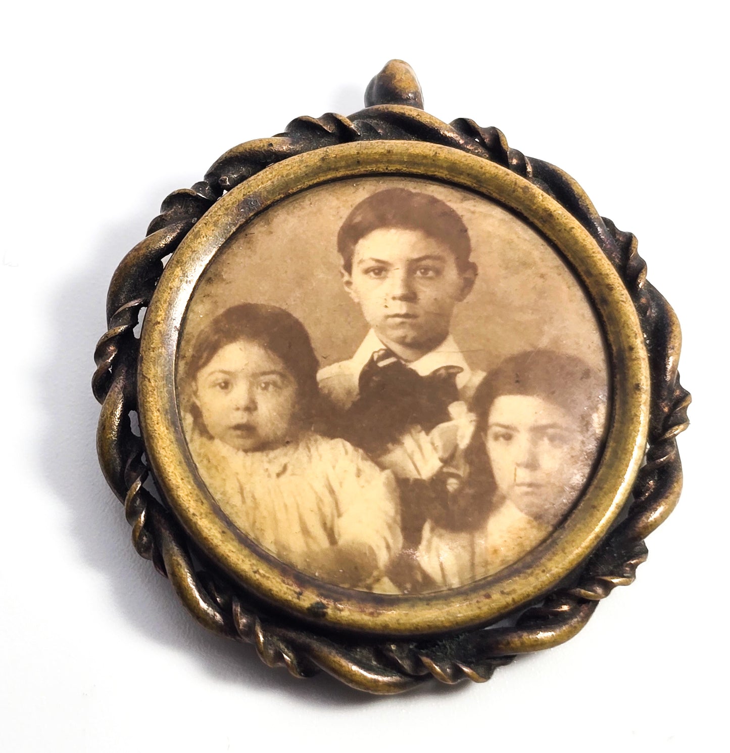 Victorian Tin Type Family Three children antique photo pin brooch