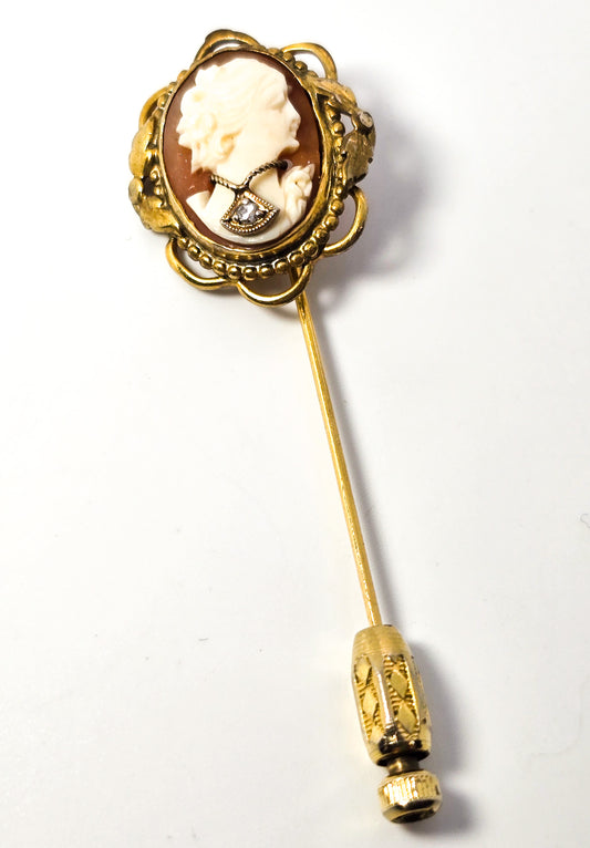 Cameo carved shell left facing diamond necklace gold filled vintage stick lapel pin brooch