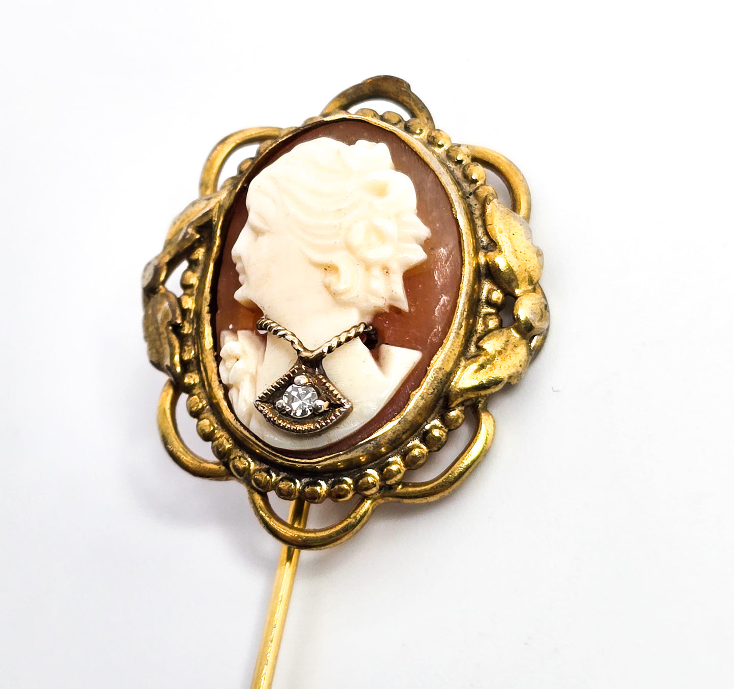 Cameo carved shell left facing diamond necklace gold filled vintage stick lapel pin brooch