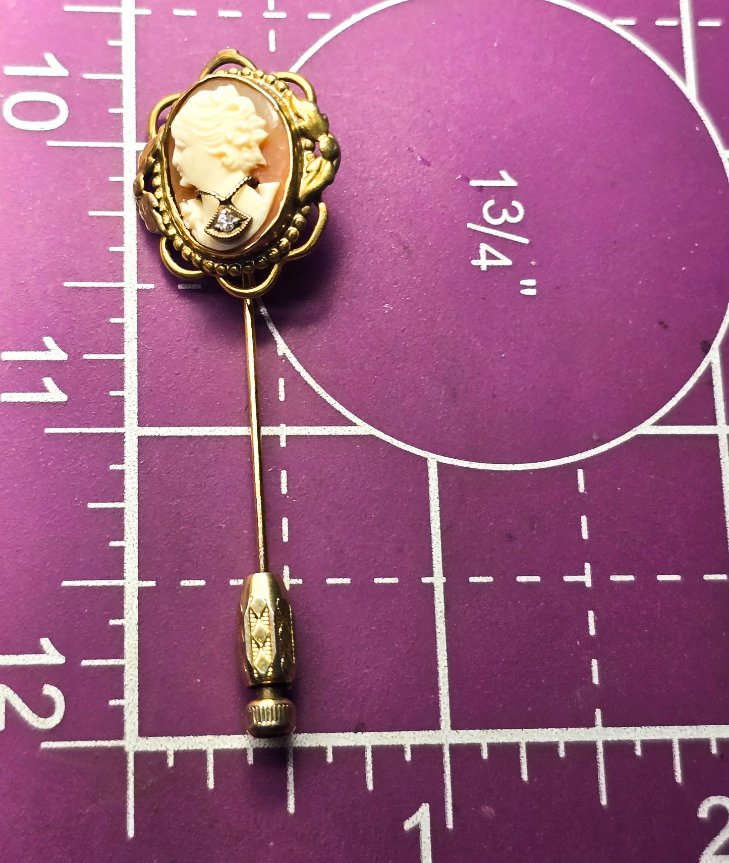 Cameo carved shell left facing diamond necklace gold filled vintage stick lapel pin brooch