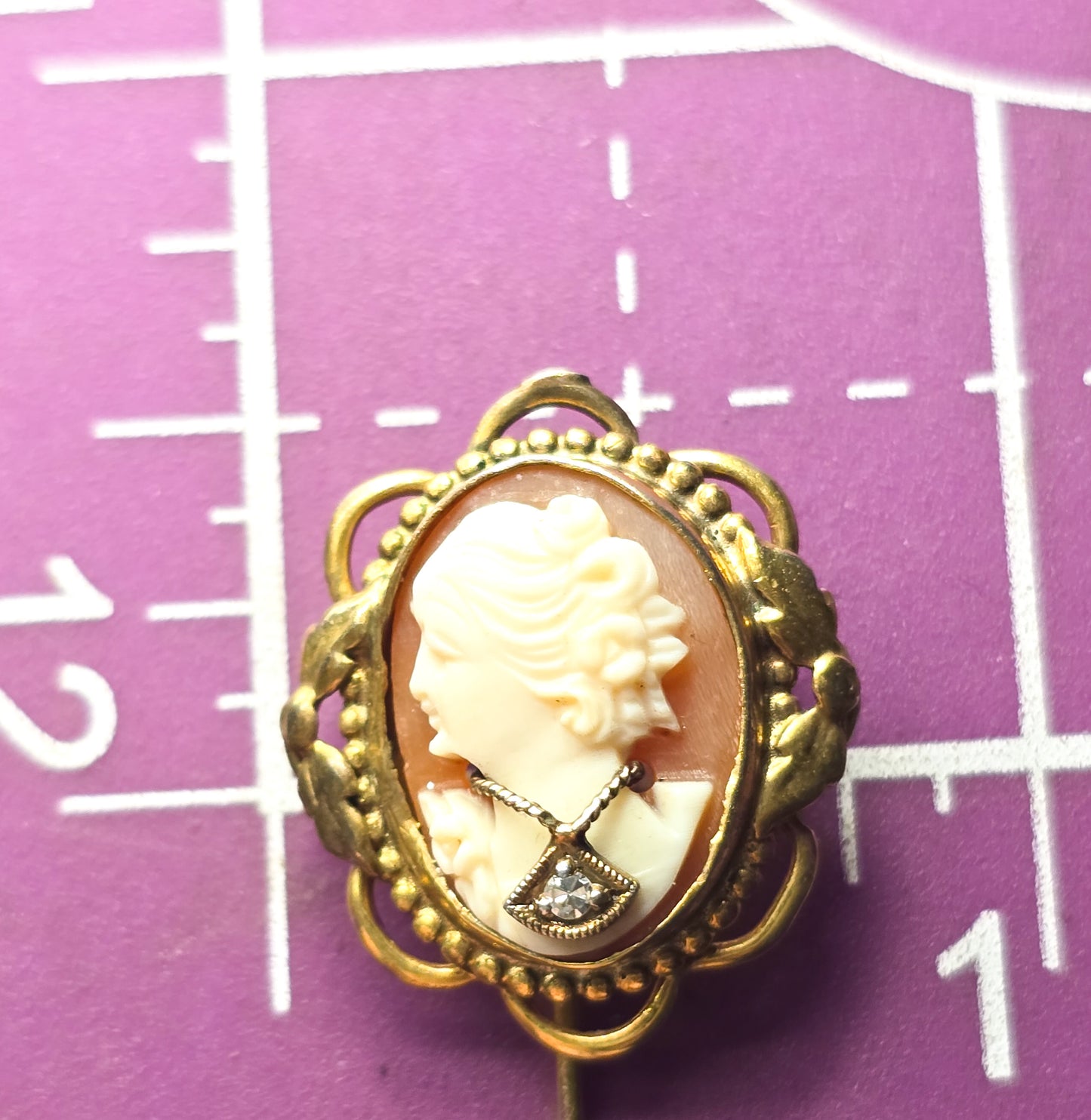 Cameo carved shell left facing diamond necklace gold filled vintage stick lapel pin brooch