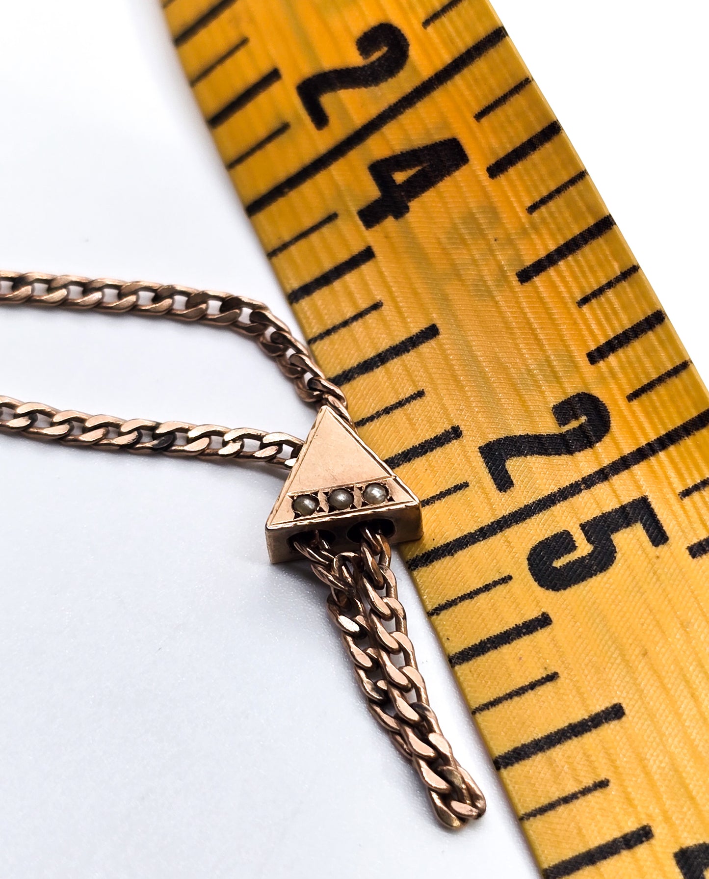 SO B & Co Antique Seed pearl gold filled triangle slider charm watch fob chain 51 inches