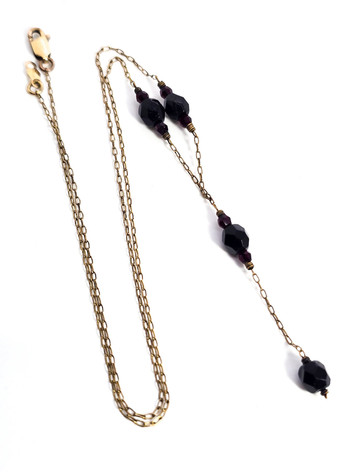 Deep red Czech glass beaded 14k yellow gold filled Y lariat necklace Krementz