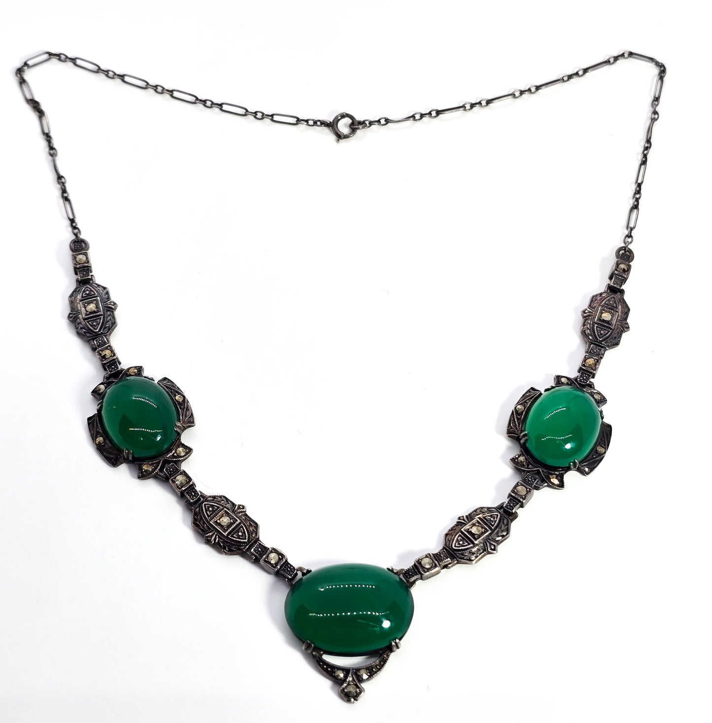 Art Deco green Chalcedony sterling silver marcasite antique necklace Nov-E-Line