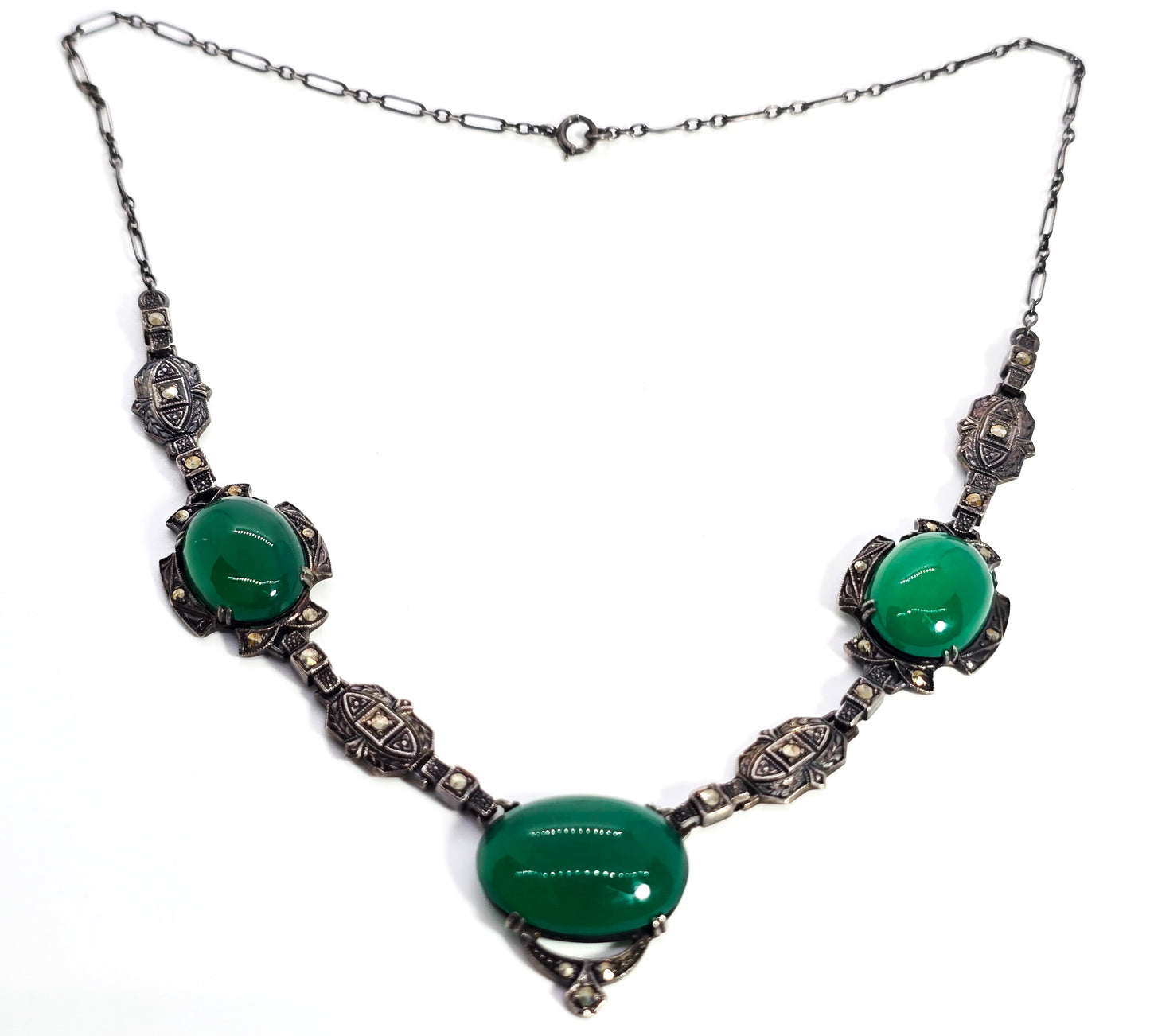 Art Deco green Chalcedony sterling silver marcasite antique necklace Nov-E-Line