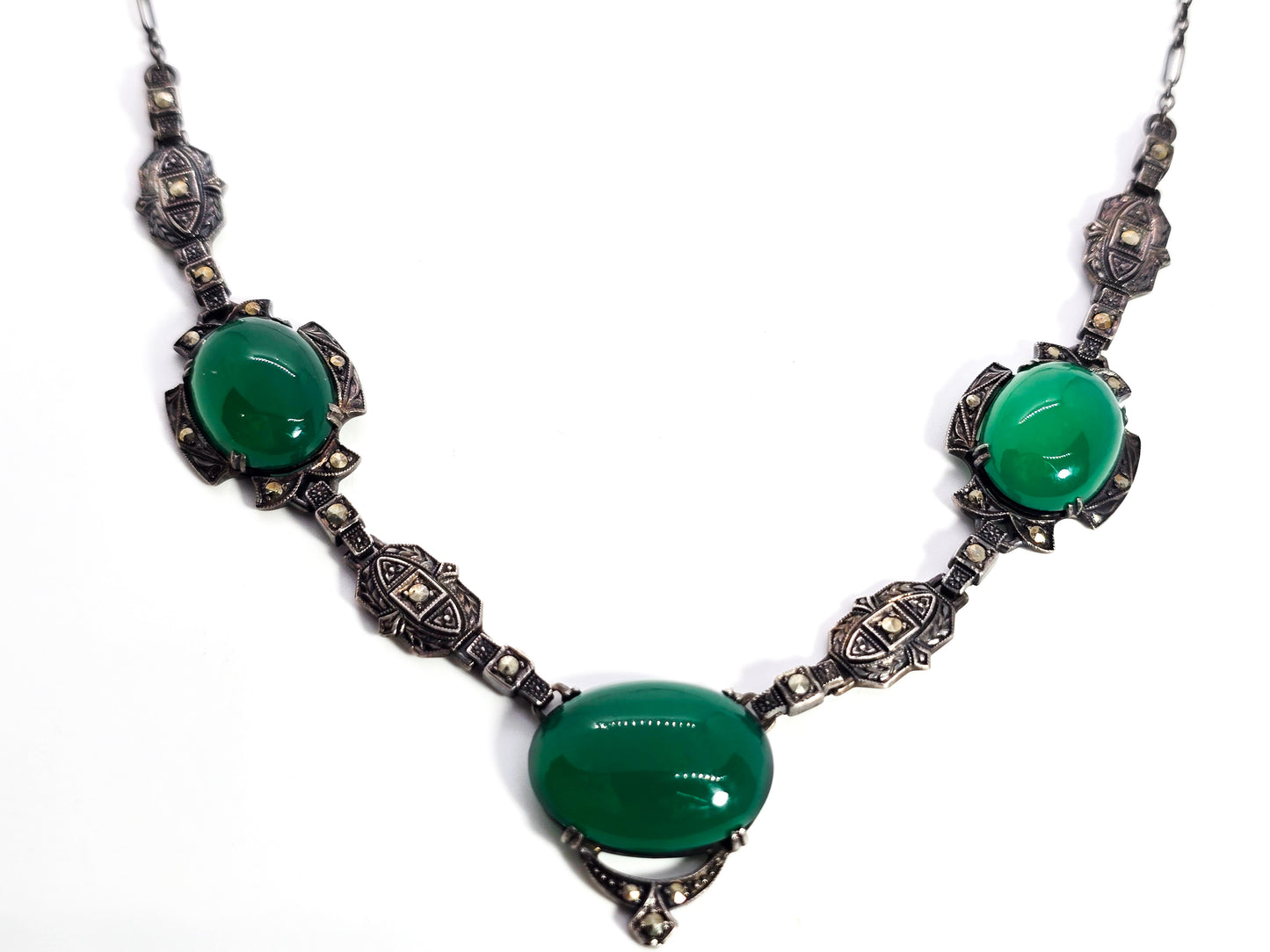 Art Deco green Chalcedony sterling silver marcasite antique necklace Nov-E-Line