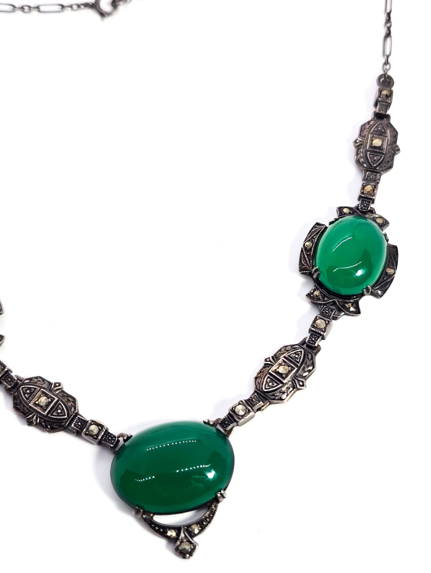 Art Deco green Chalcedony sterling silver marcasite antique necklace Nov-E-Line