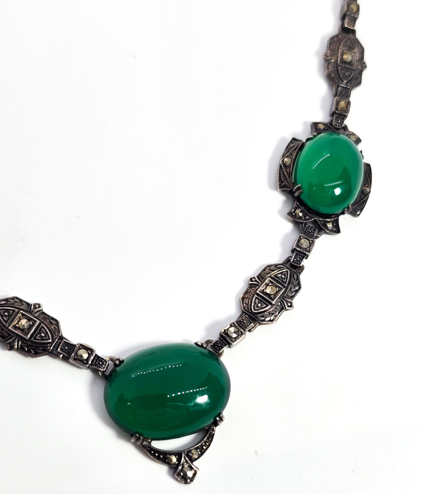 Art Deco green Chalcedony sterling silver marcasite antique necklace Nov-E-Line