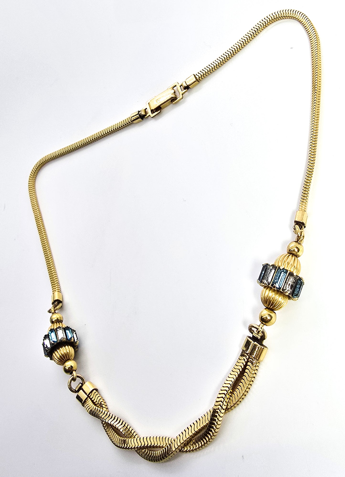 Carl Art Aqua blue rhinestone vintage 12k yellow gold filled signed necklace