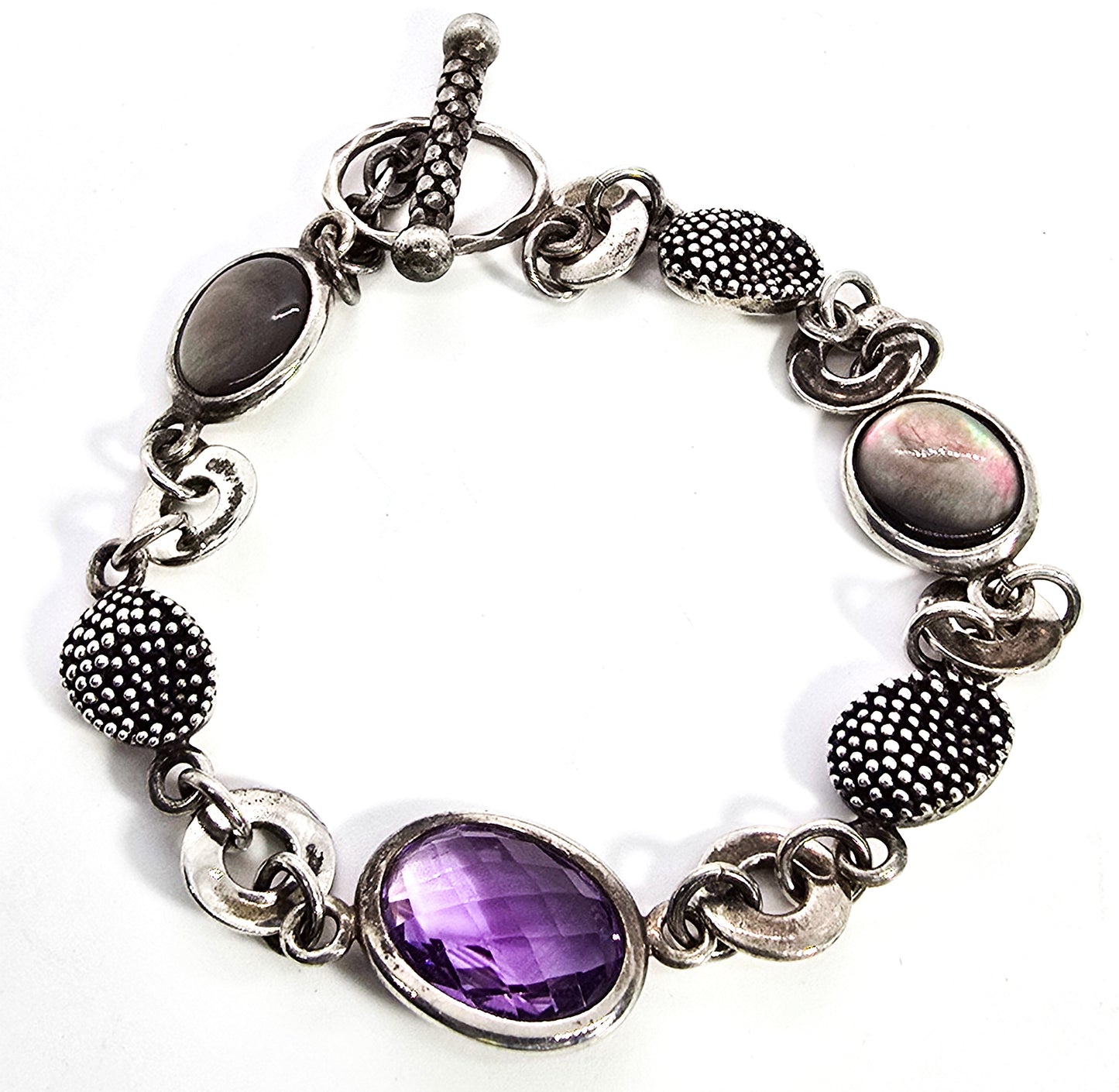 Michael Dawkins Amethyst mother of pearl MOP sterling silver toggle bracelet