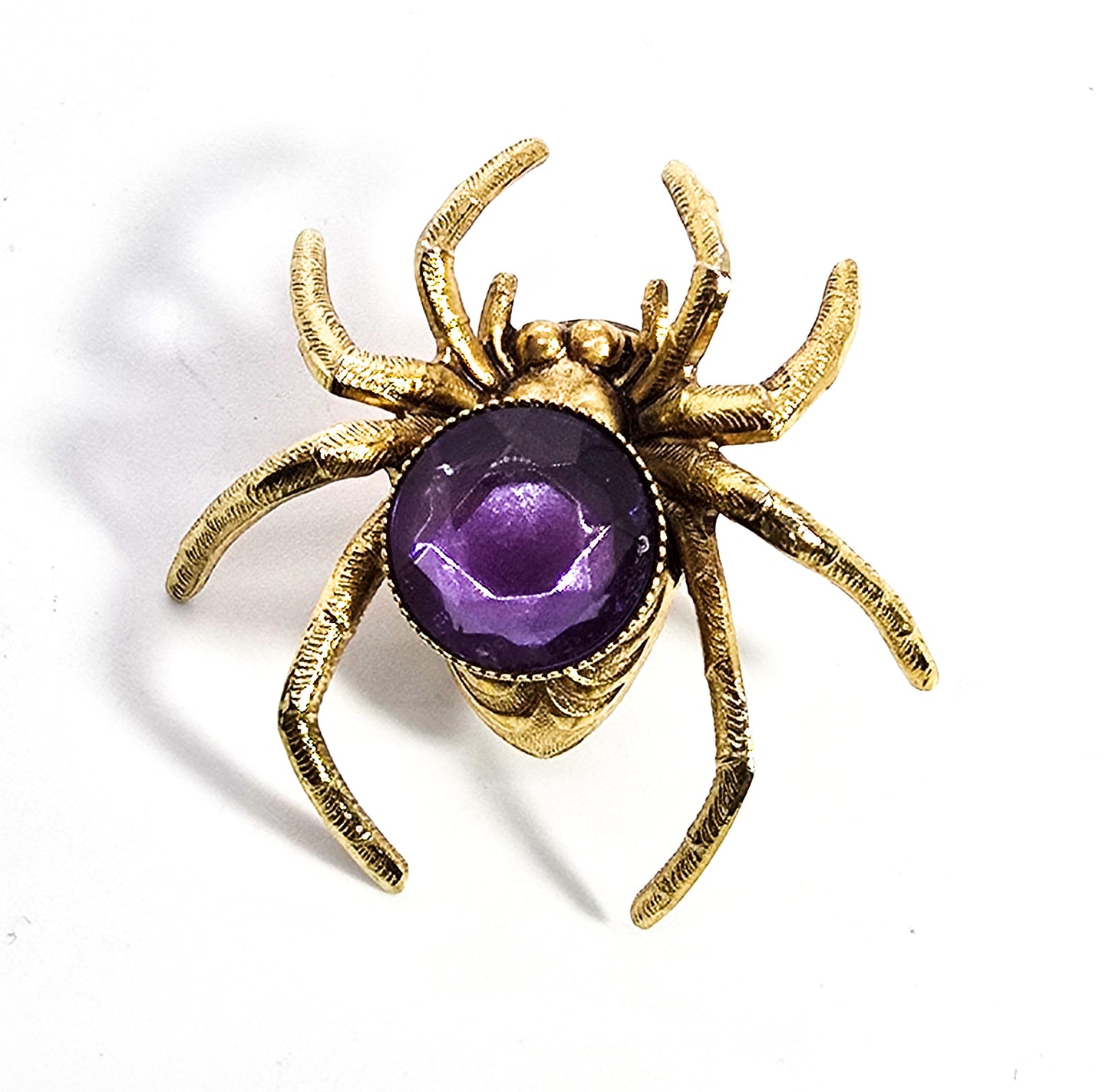 Vintage purple rhinestone gold toned spider insect tie tack brooch lapel pin