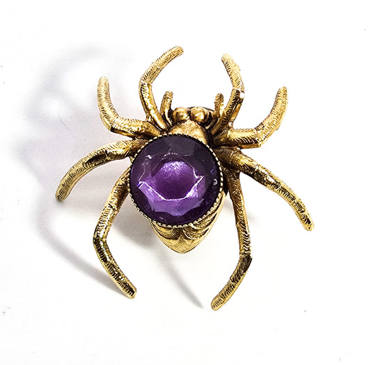 Vintage purple rhinestone gold toned spider insect tie tack brooch lapel pin