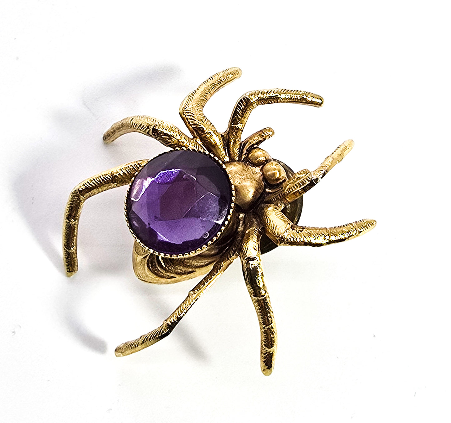 Vintage purple rhinestone gold toned spider insect tie tack brooch lapel pin