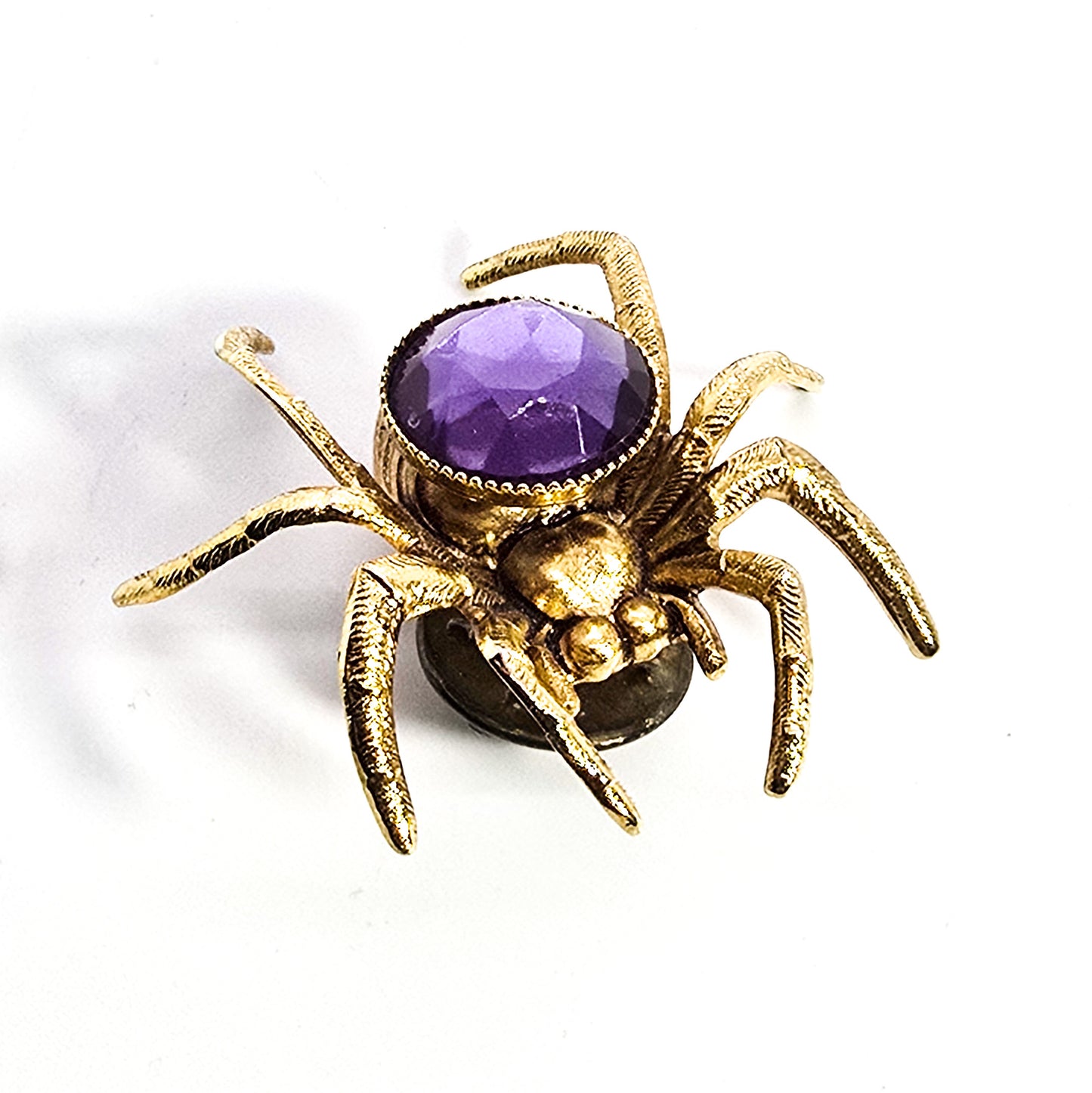 Vintage purple rhinestone gold toned spider insect tie tack brooch lapel pin