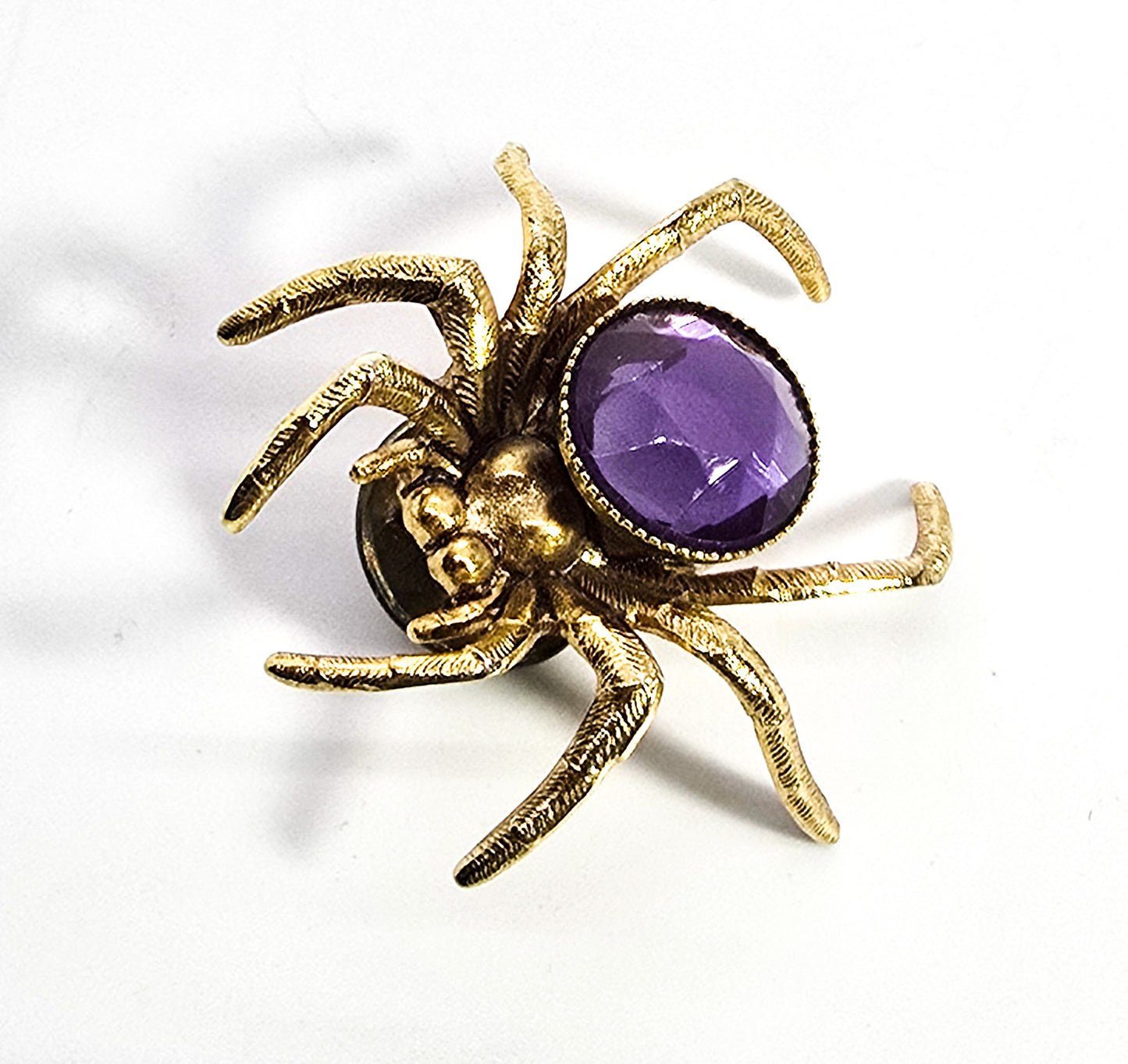 Vintage purple rhinestone gold toned spider insect tie tack brooch lapel pin