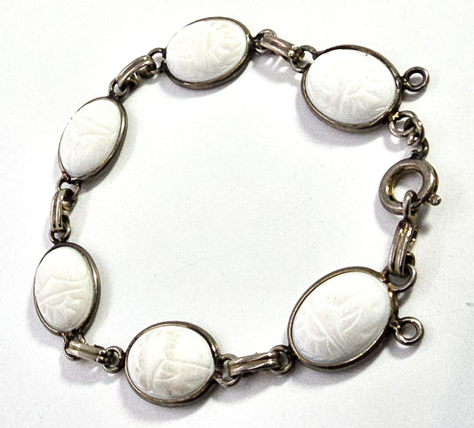 Egyptian Revival scarab beetle molded white glass vintage mid century bracelet