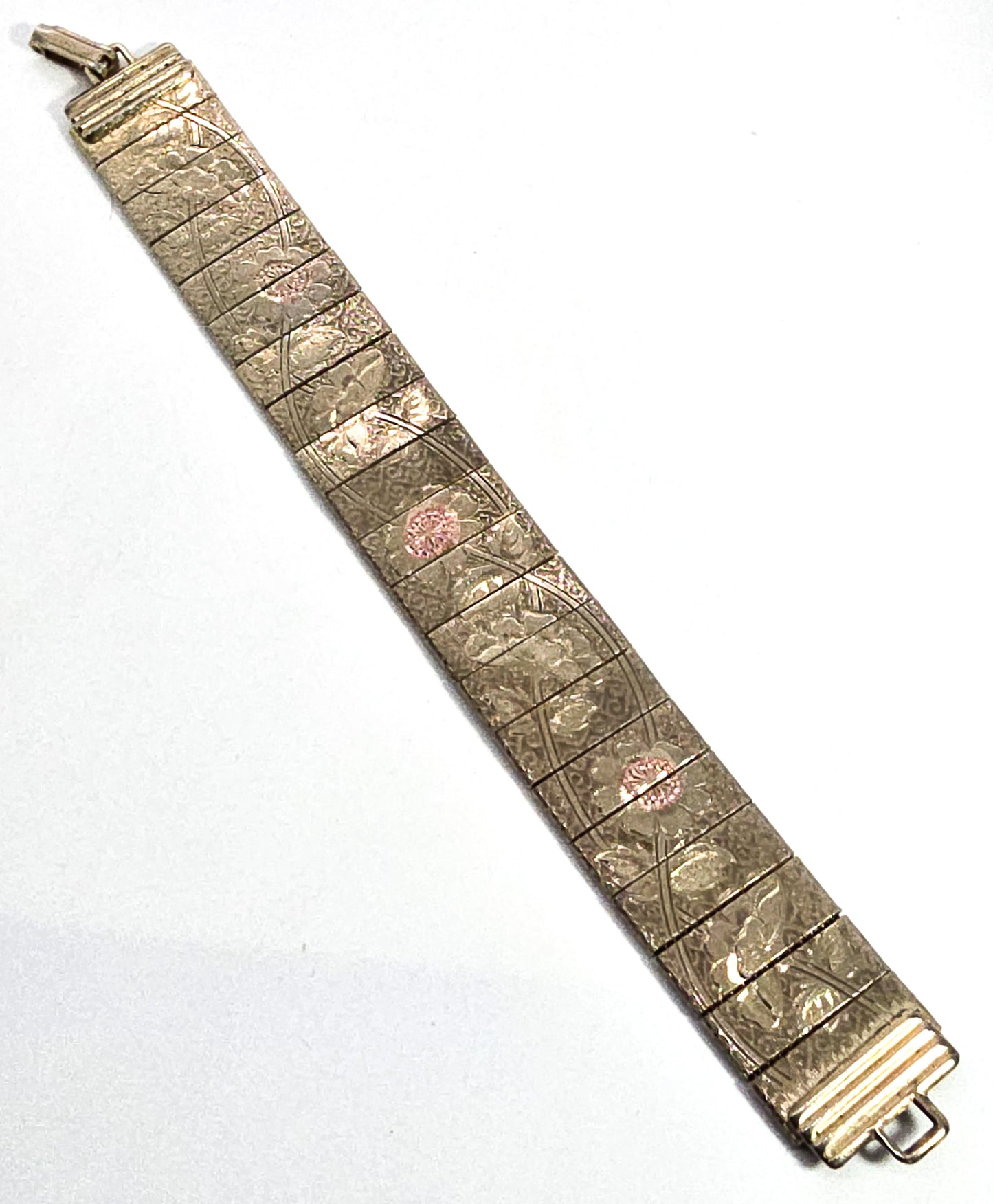 Flower Etched Mesh panel bracelet embossed rose gold mid century vintage bracelet